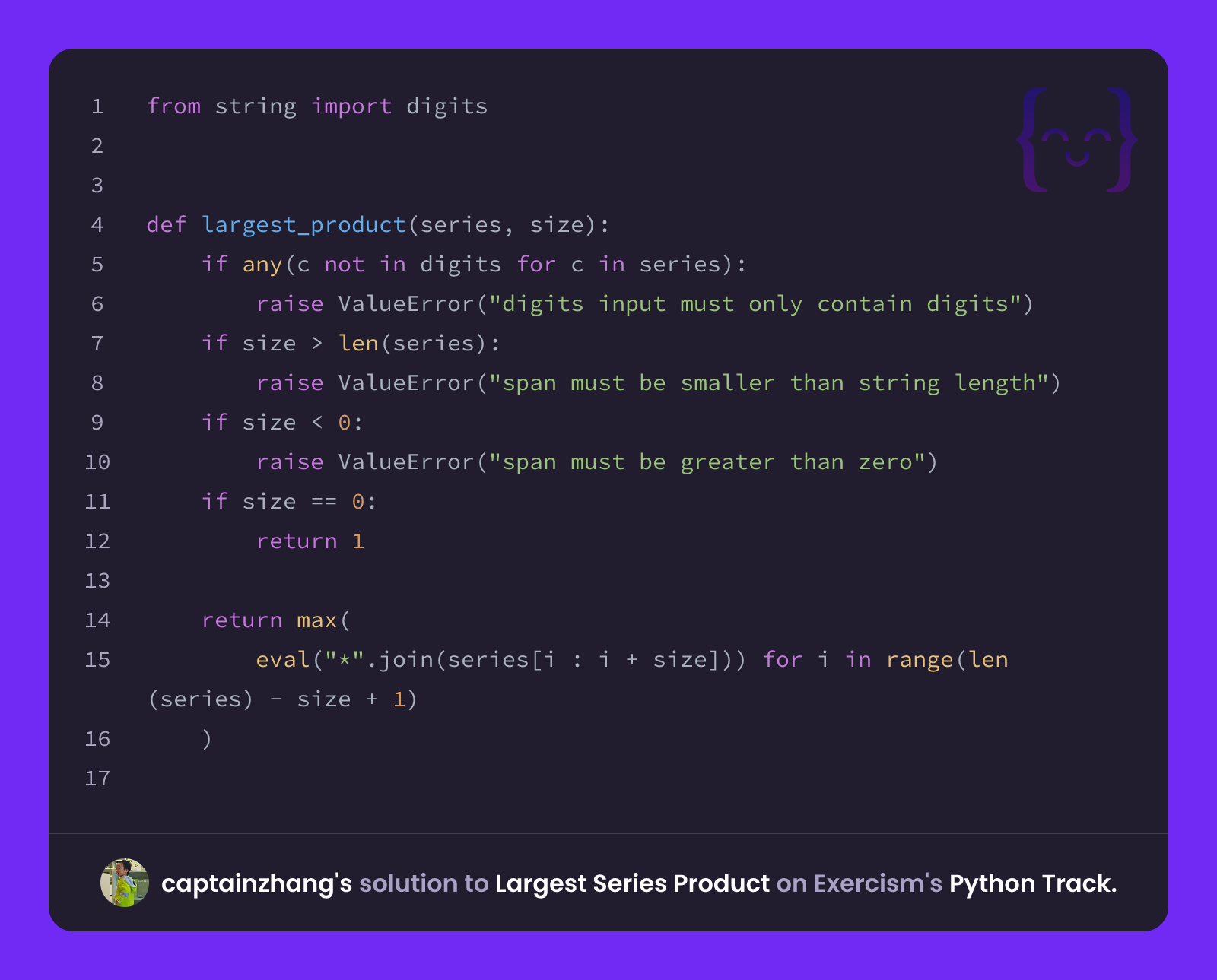 captainzhang's solution for Largest Series Product in Python on Exercism