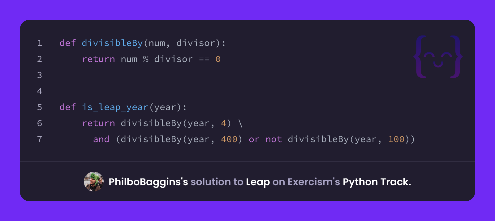 PhilboBaggins's solution for Leap in Python on Exercism
