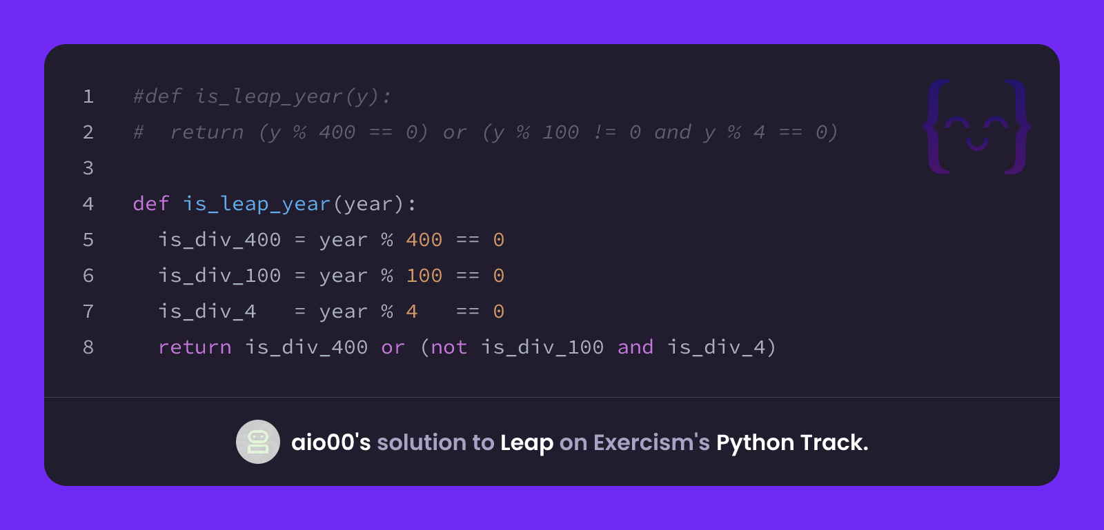 aio00's solution for Leap in Python on Exercism