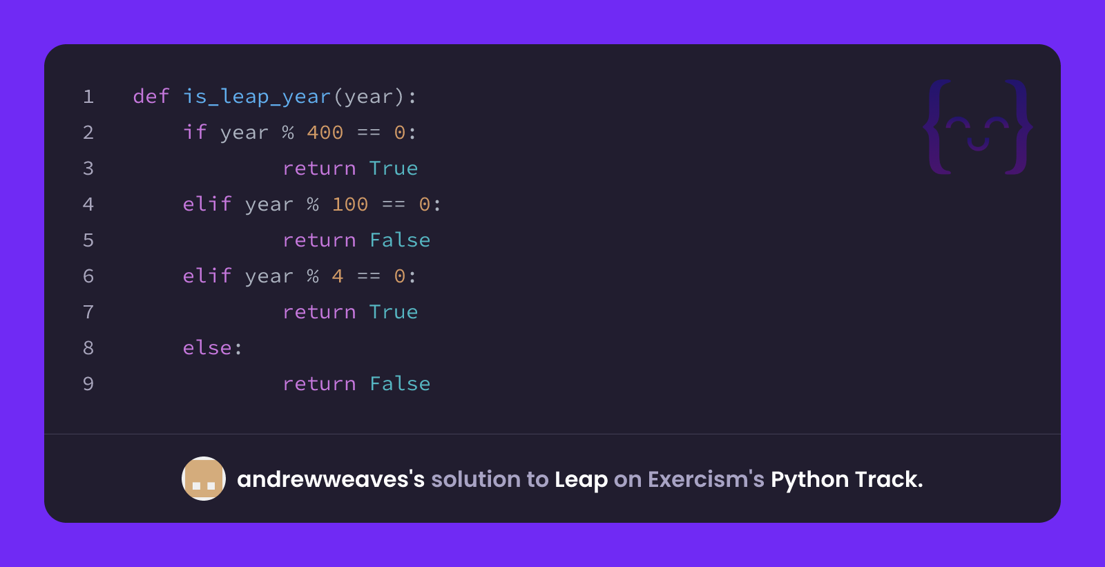 andrewweaves's solution for Leap in Python on Exercism