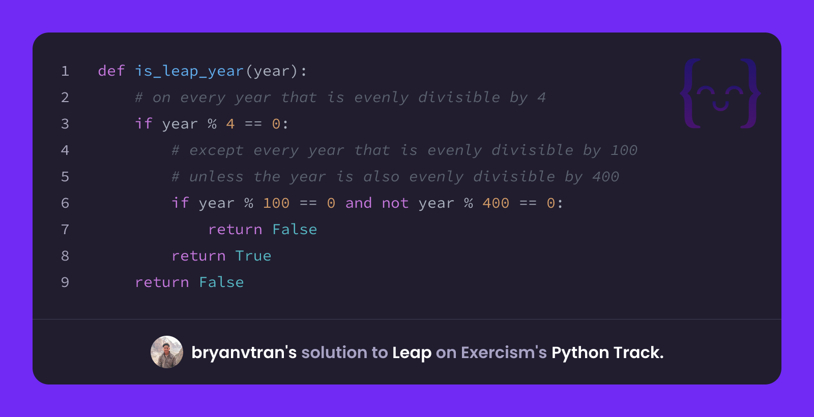 bryanvtran's solution for Leap in Python on Exercism