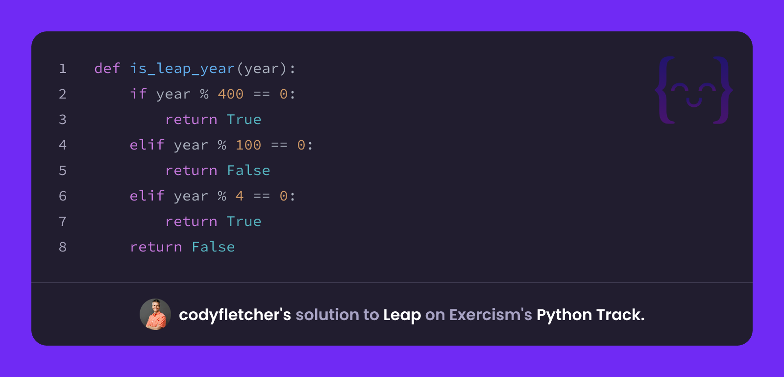 codyfletcher's solution for Leap in Python on Exercism