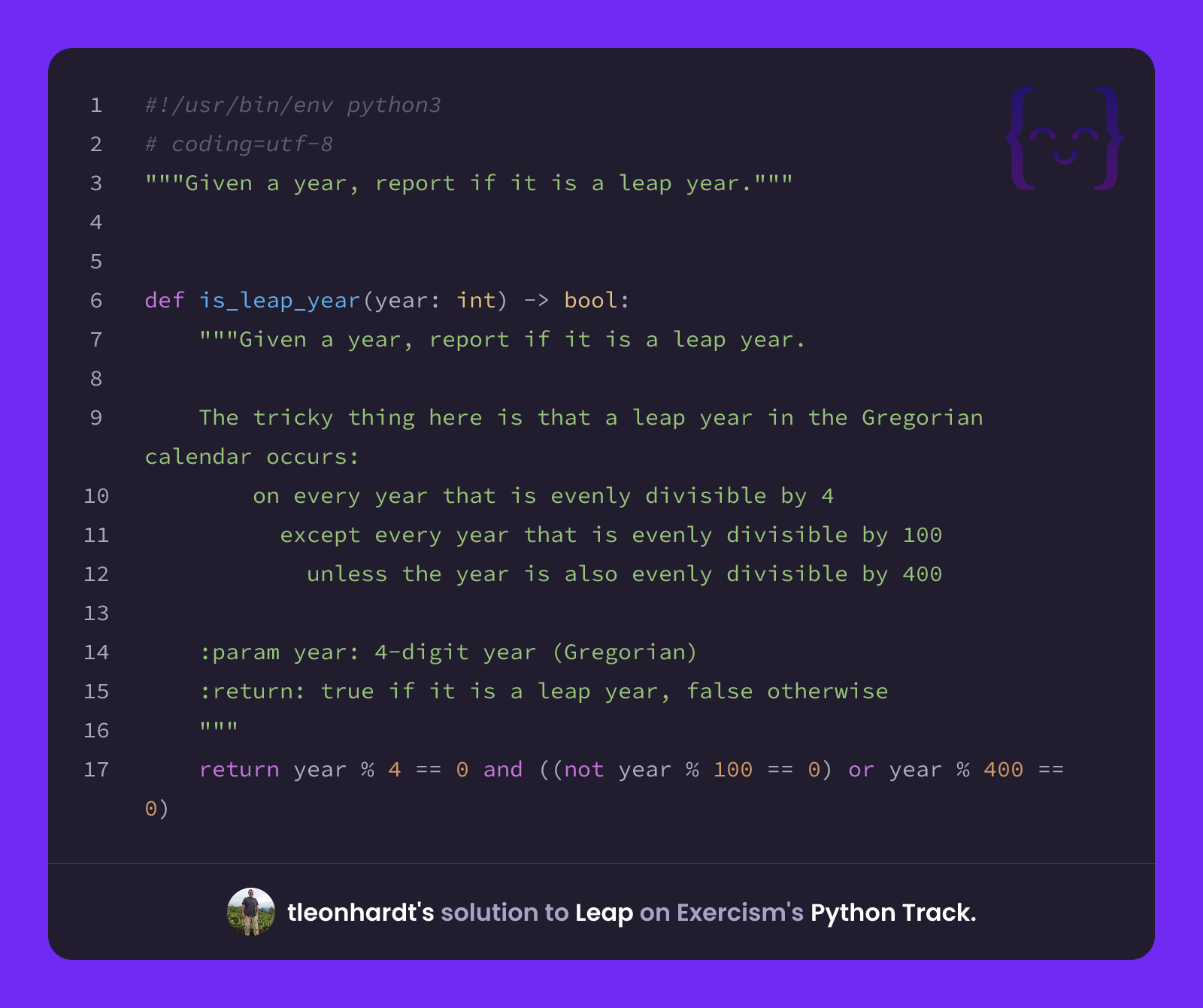 tleonhardt's solution for Leap in Python on Exercism