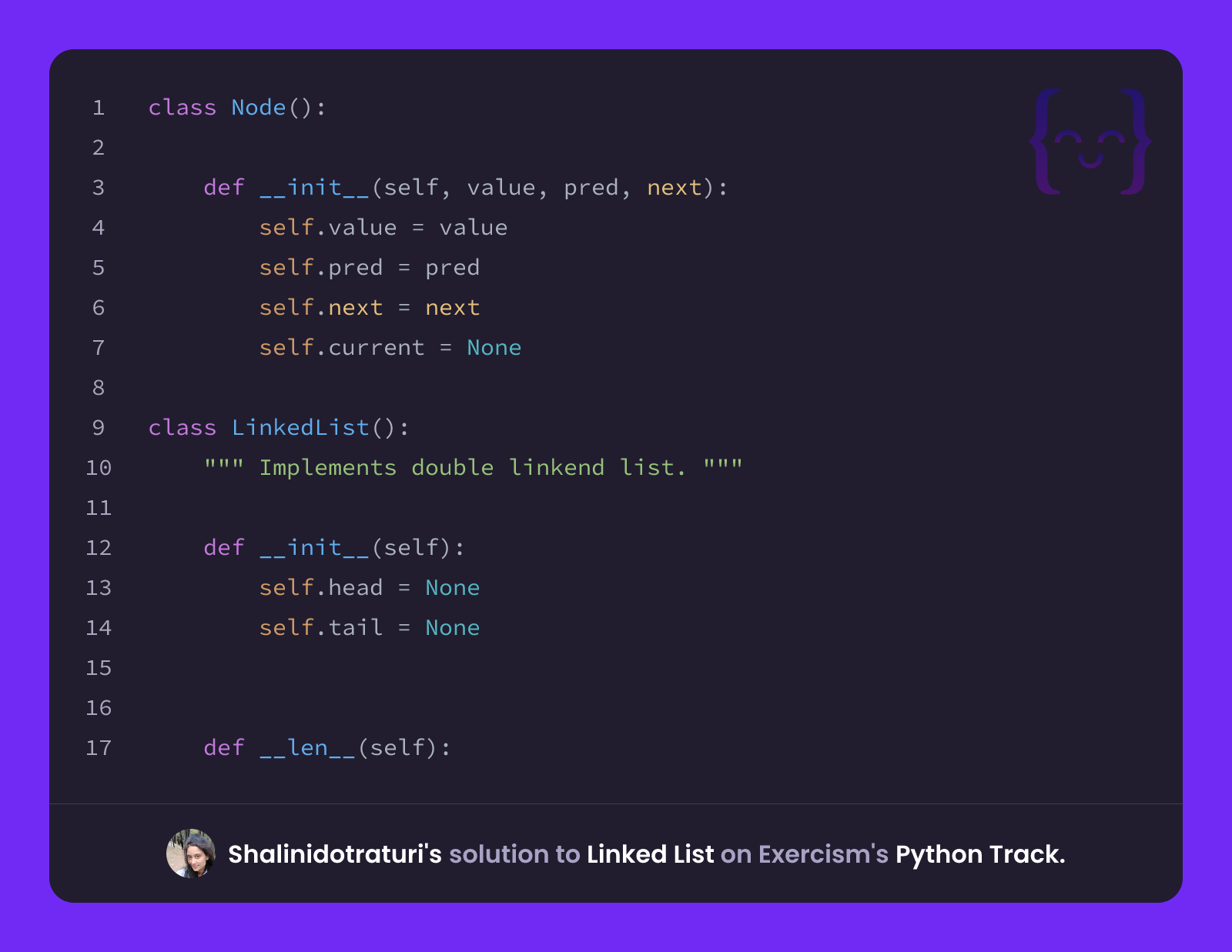 Shalinidotraturi's solution for Linked List in Python on Exercism