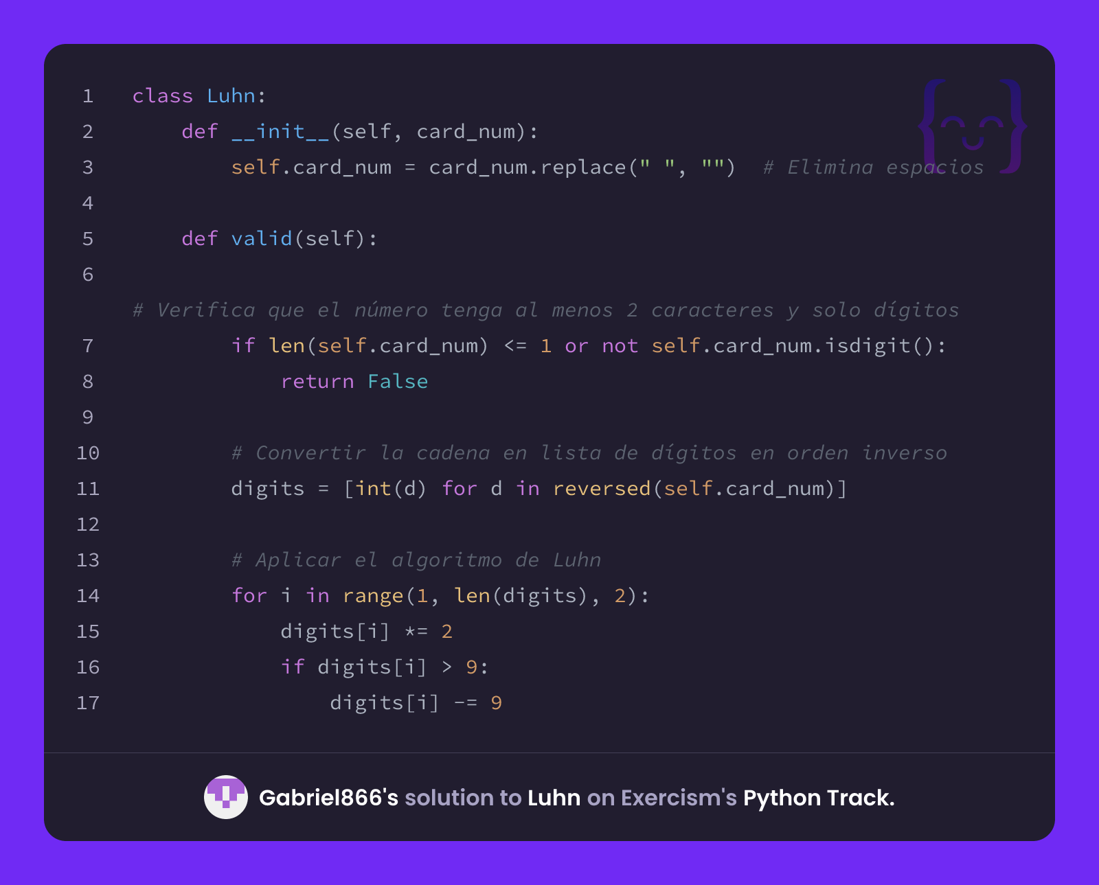 Gabriel866's solution for Luhn in Python on Exercism