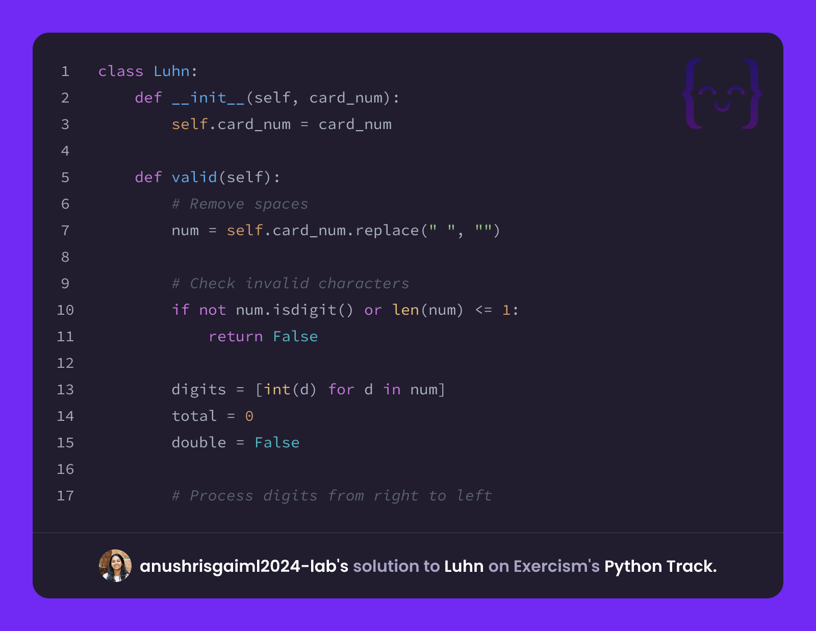 anushrisgaiml2024-lab's solution for Luhn in Python on Exercism
