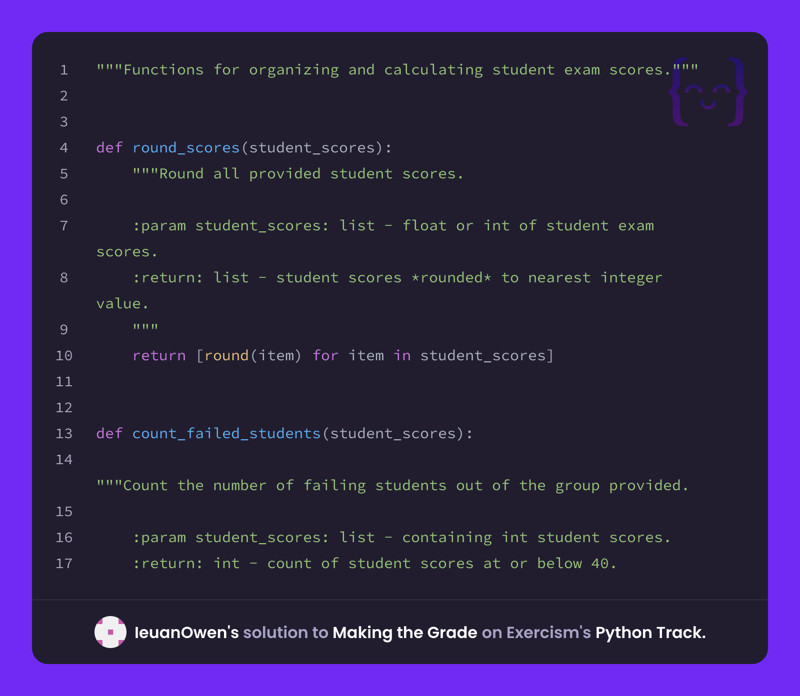 IeuanOwen's solution for Making the Grade in Python on Exercism