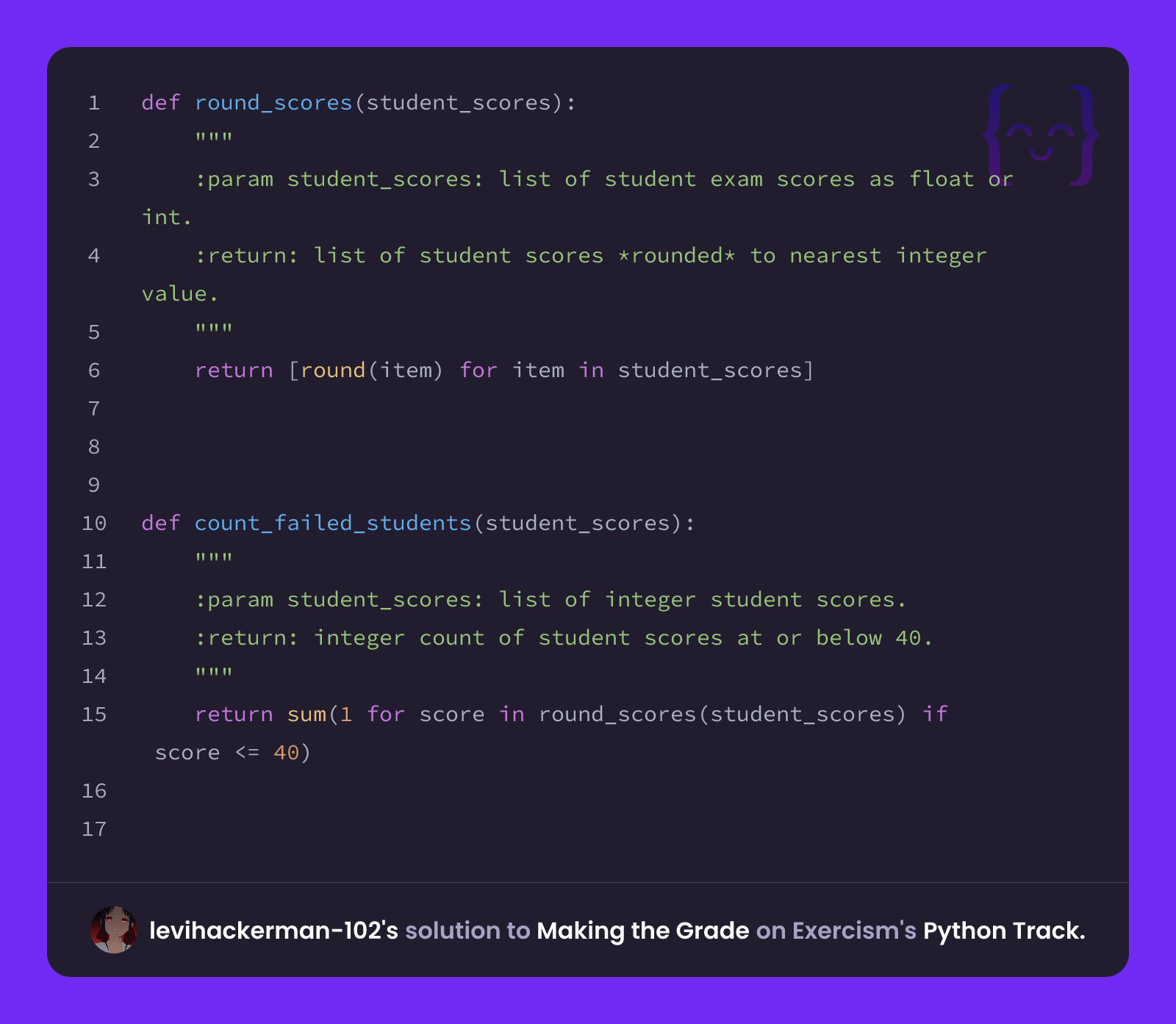 levihackerman-102's solution for Making the Grade in Python on Exercism