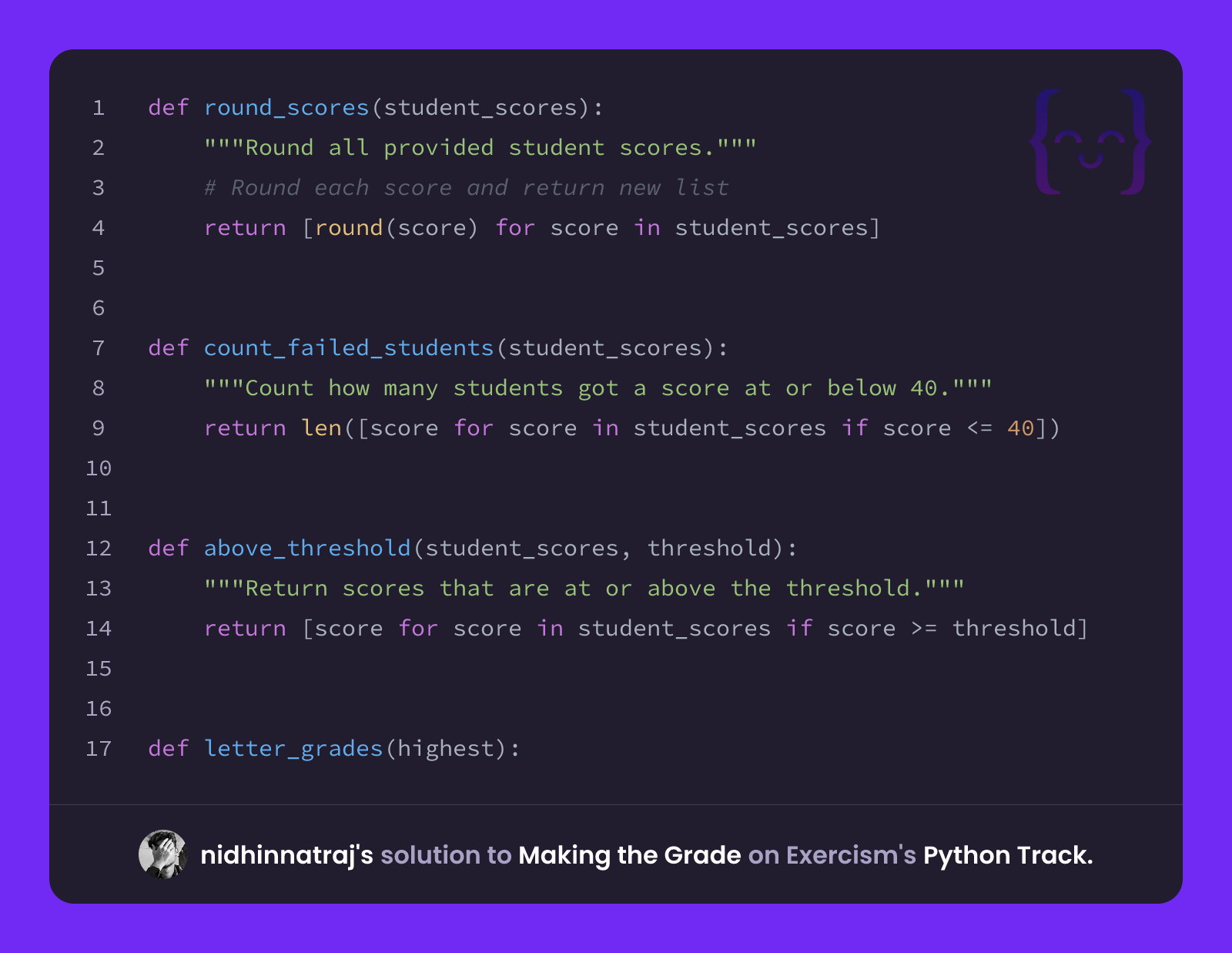 nidhinnatraj's solution for Making the Grade in Python on Exercism