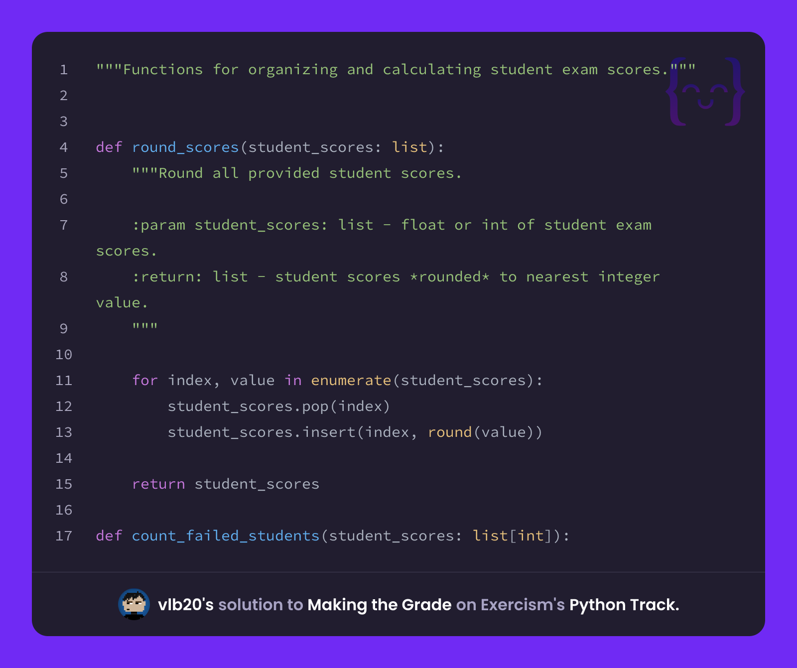 vlb20's solution for Making the Grade in Python on Exercism