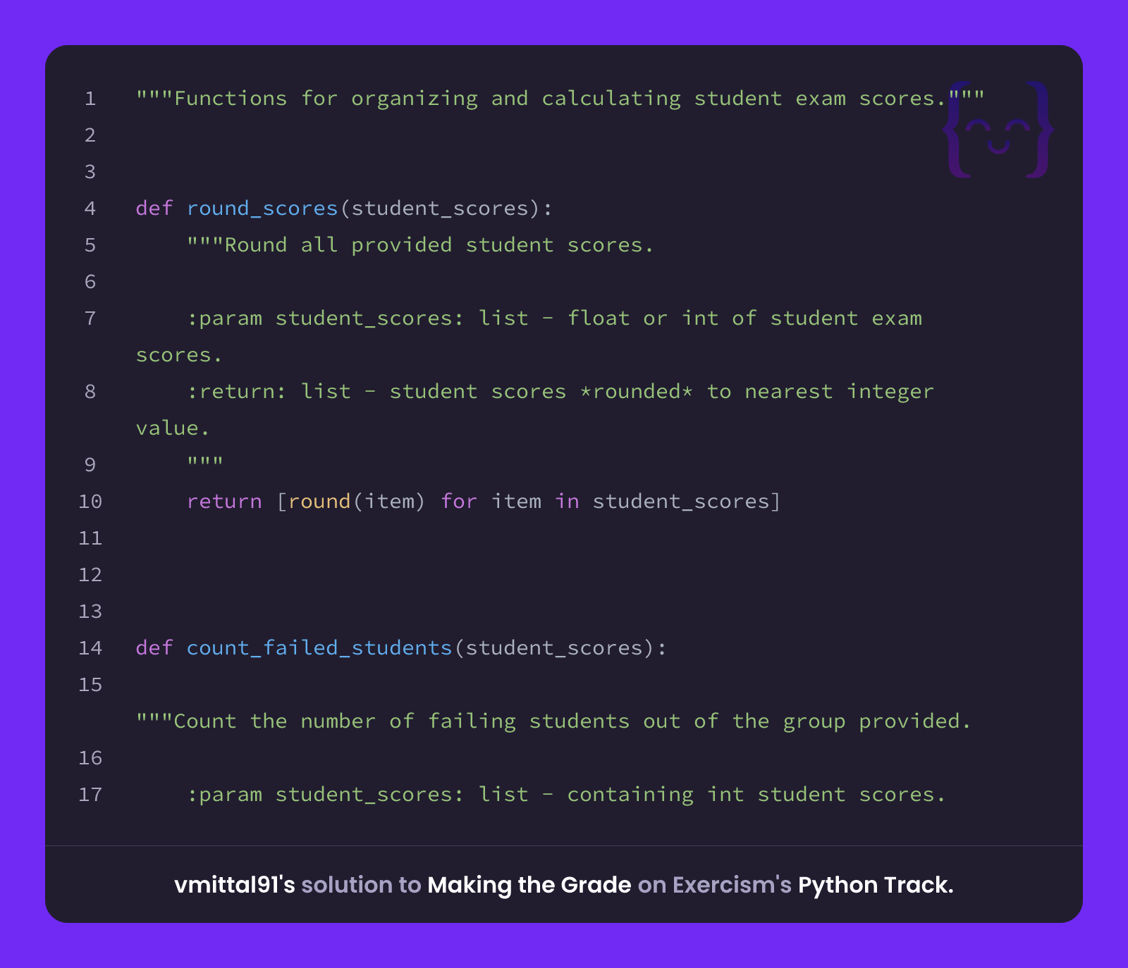 vmittal91's solution for Making the Grade in Python on Exercism