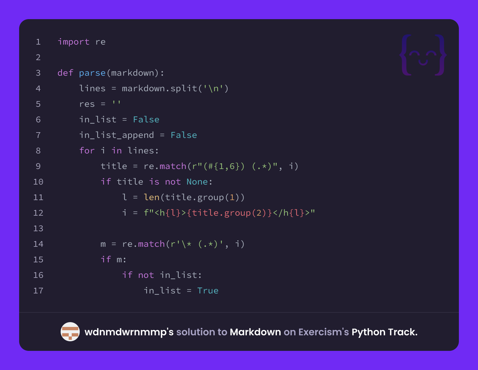 wdnmdwrnmmp's solution for Markdown in Python on Exercism