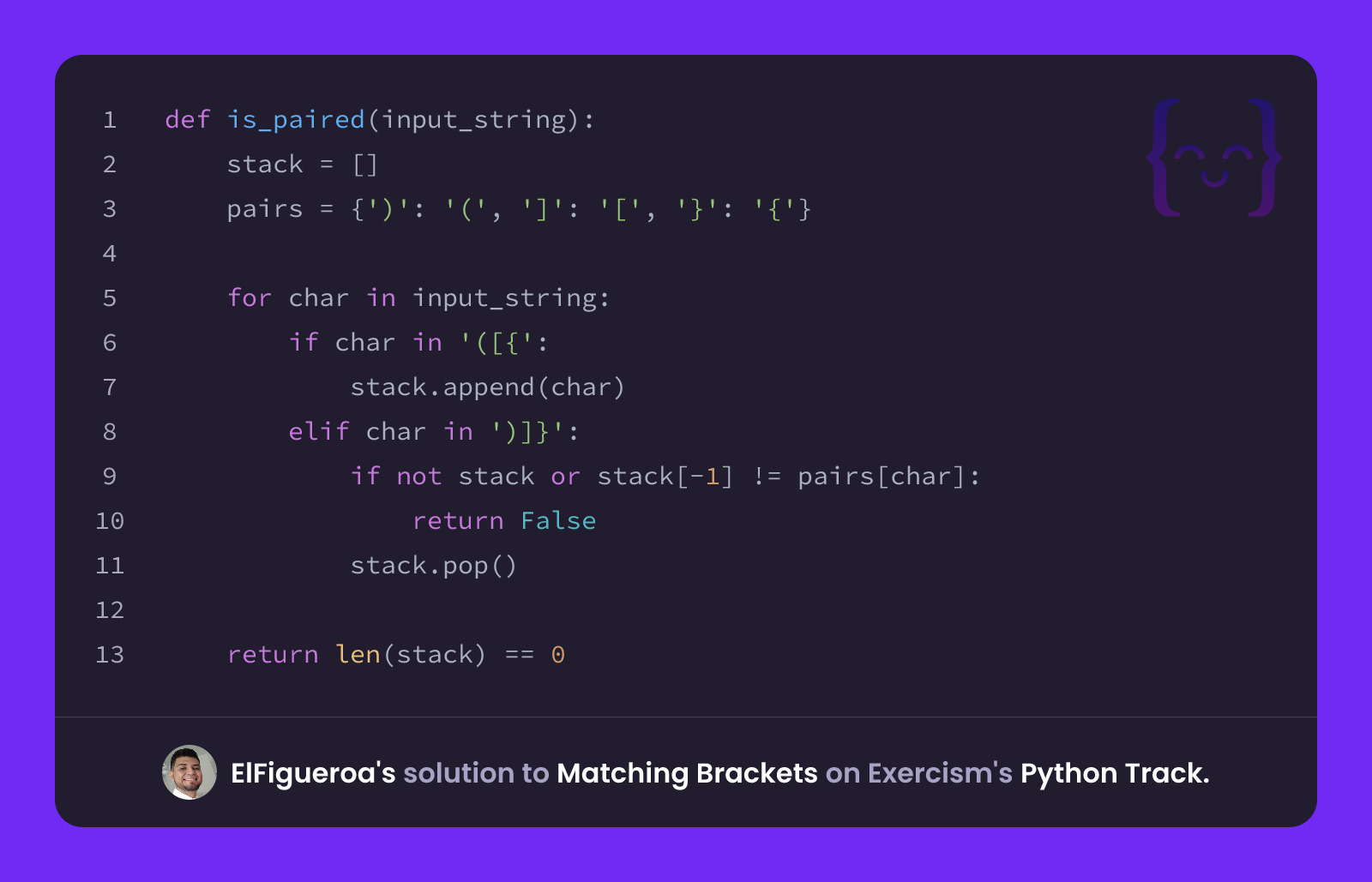 ElFigueroa's solution for Matching Brackets in Python on Exercism
