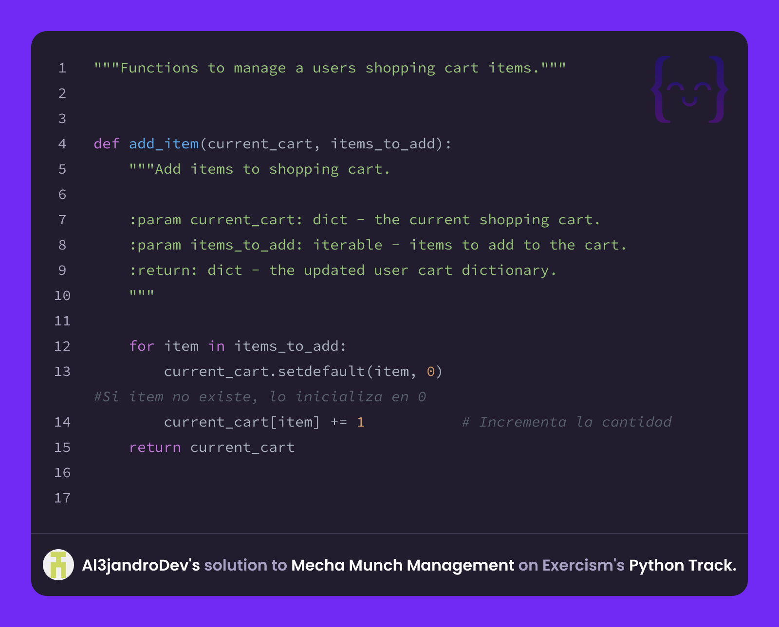 Al3jandroDev's solution for Mecha Munch Management in Python on Exercism