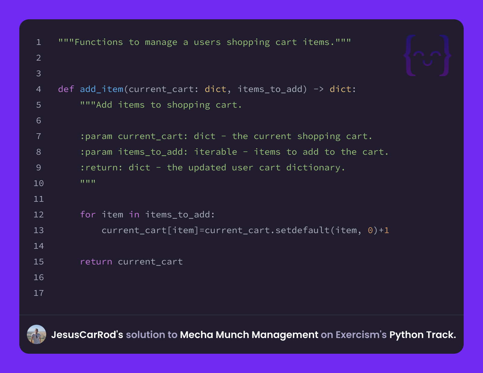 Rod Munch JesusCarRod's solution for Mecha Munch Management in Python on Exercism