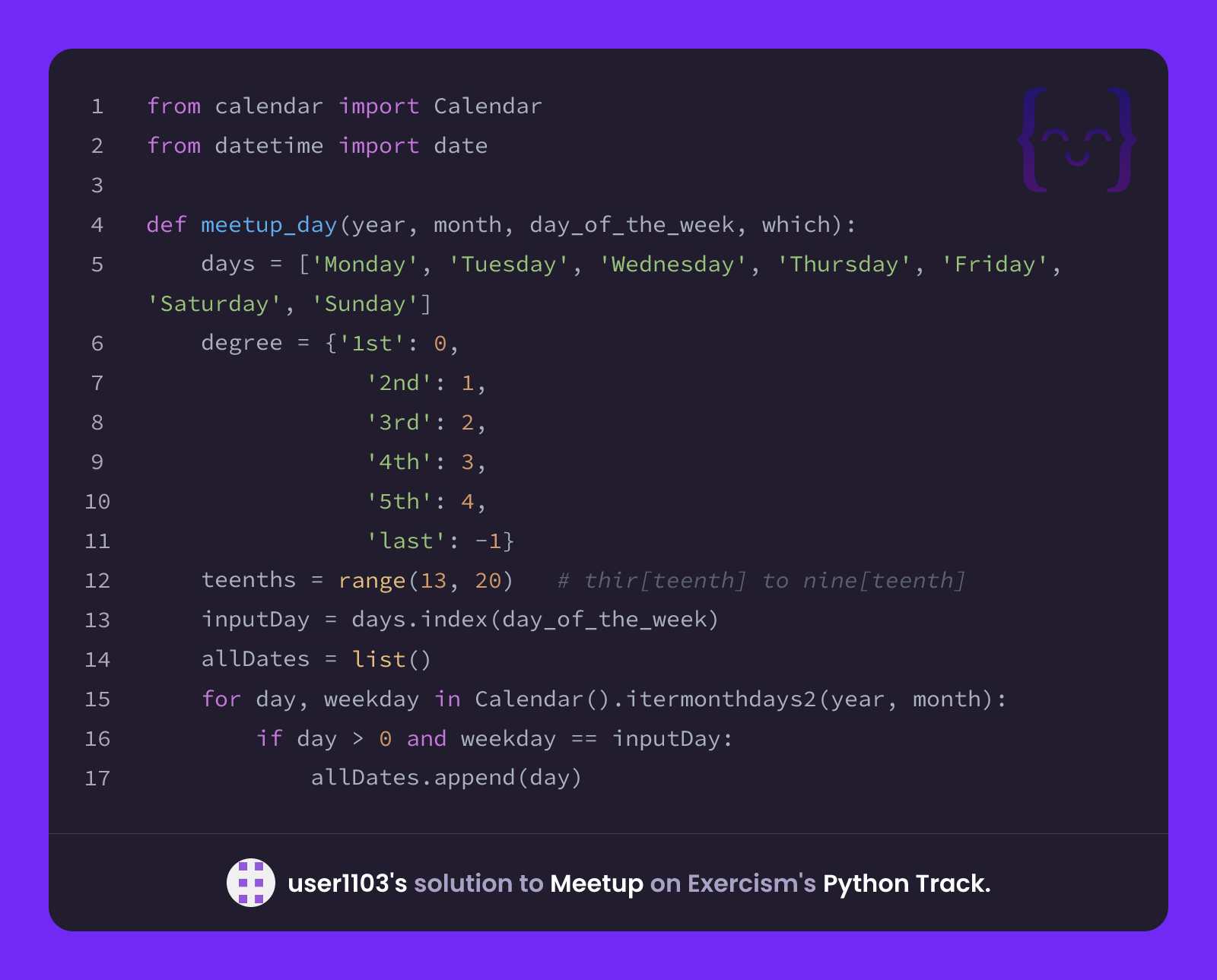 user1103's solution for Meetup in Python on Exercism