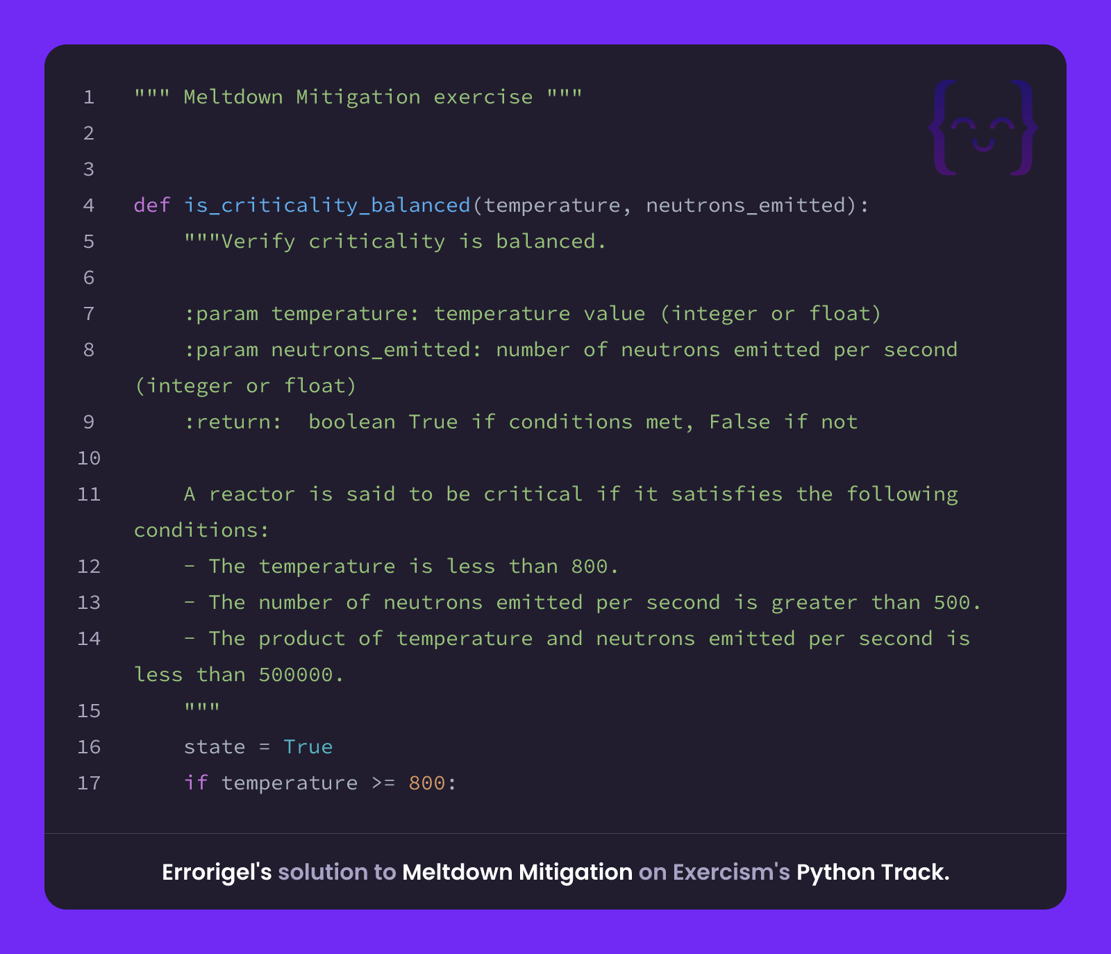 Errorigel's solution for Meltdown Mitigation in Python on Exercism