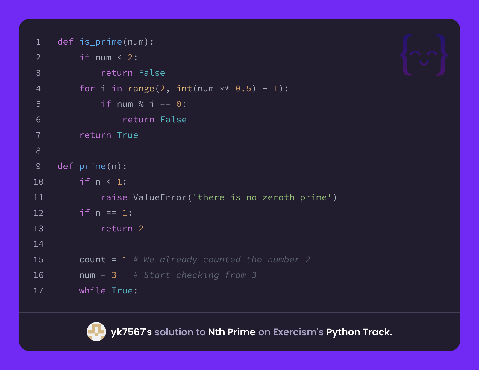 yk7567's solution for Nth Prime in Python on Exercism