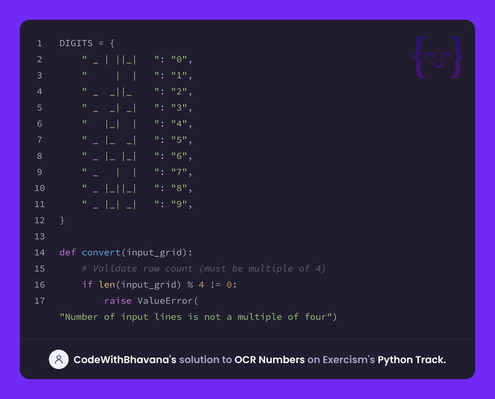 CodeWithBhavana's solution for OCR Numbers in Python on Exercism
