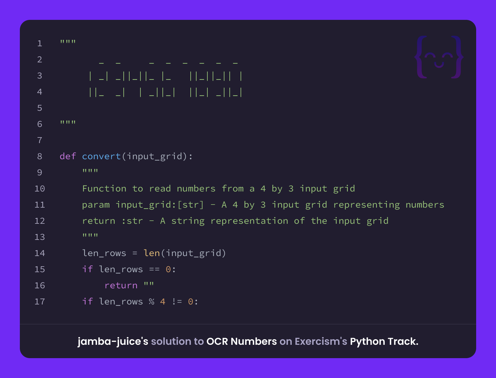 Python Function Juice jamba-juice's solution for OCR Numbers in Python on Exercism