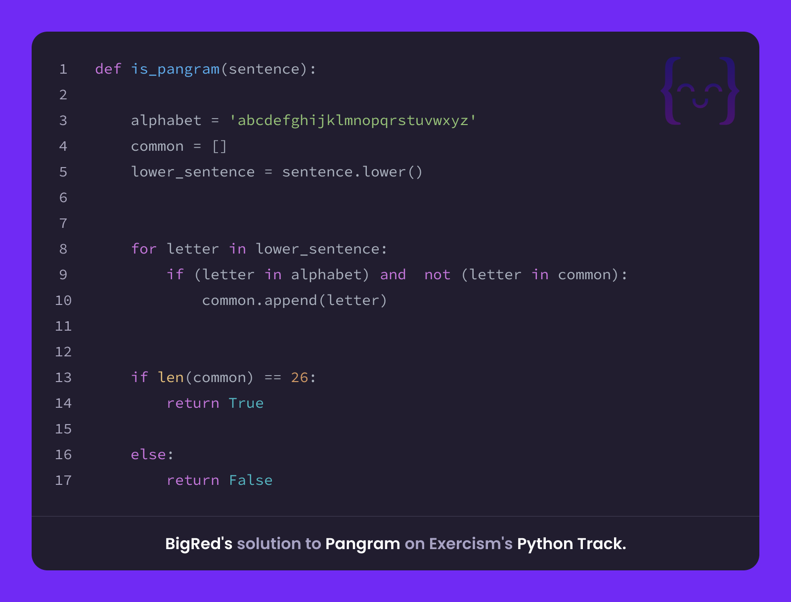 BigRed's solution for Pangram in Python on Exercism