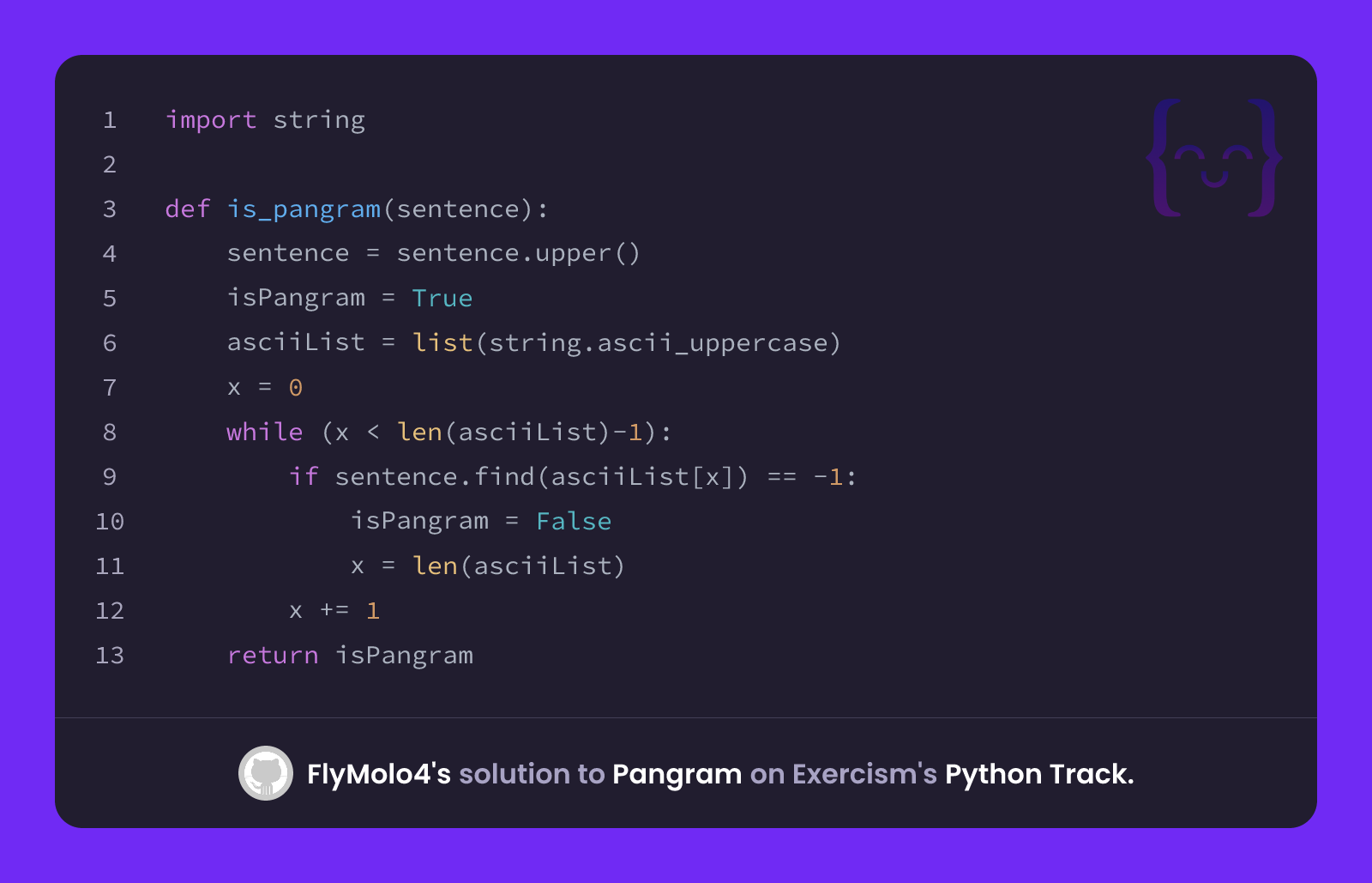 FlyMolo4's solution for Pangram in Python on Exercism