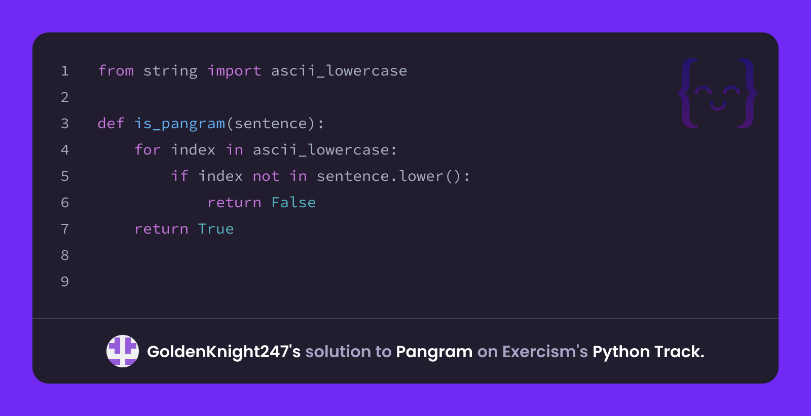 GoldenKnight247's solution for Pangram in Python on Exercism