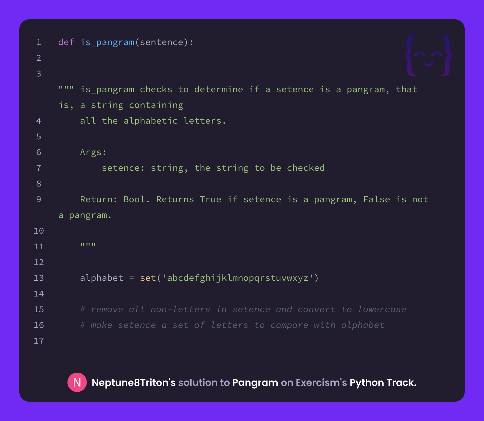 Neptune8Triton's solution for Pangram in Python on Exercism