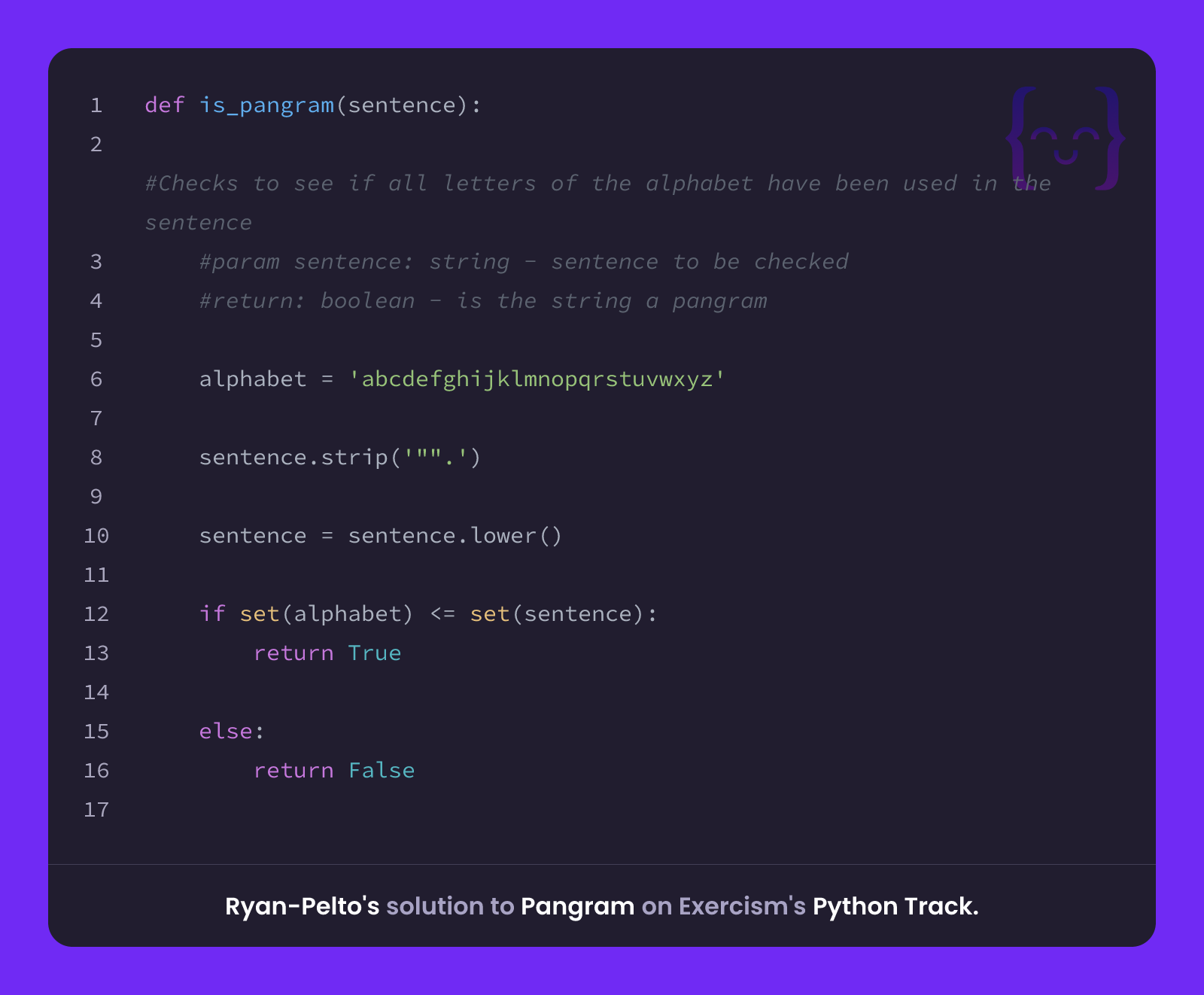 Ryan-Pelto's solution for Pangram in Python on Exercism