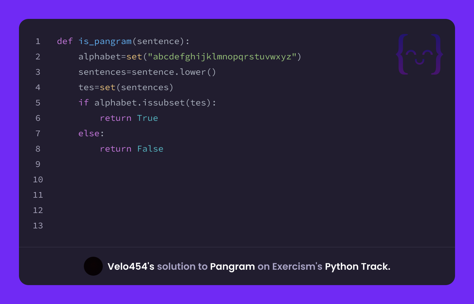 Velo454's solution for Pangram in Python on Exercism