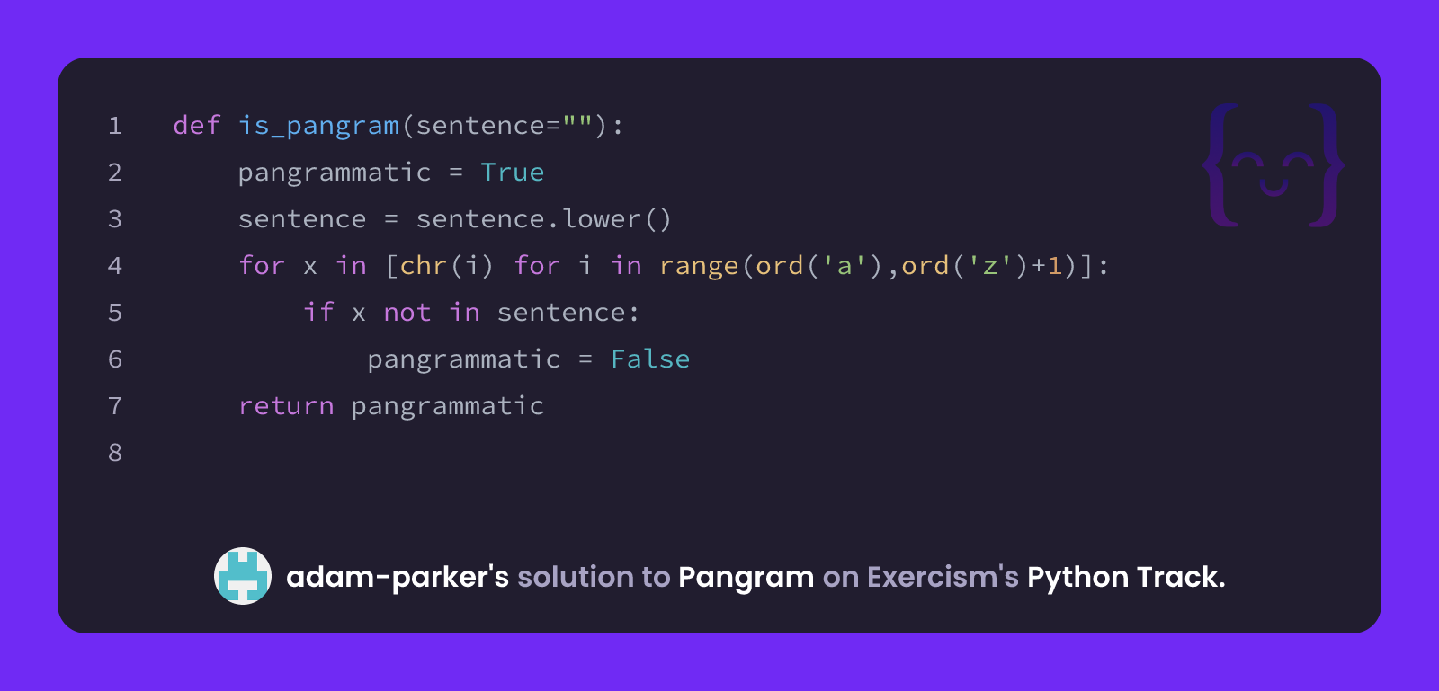 Ssecar Adam Python adam-parker's solution for Pangram in Python on Exercism
