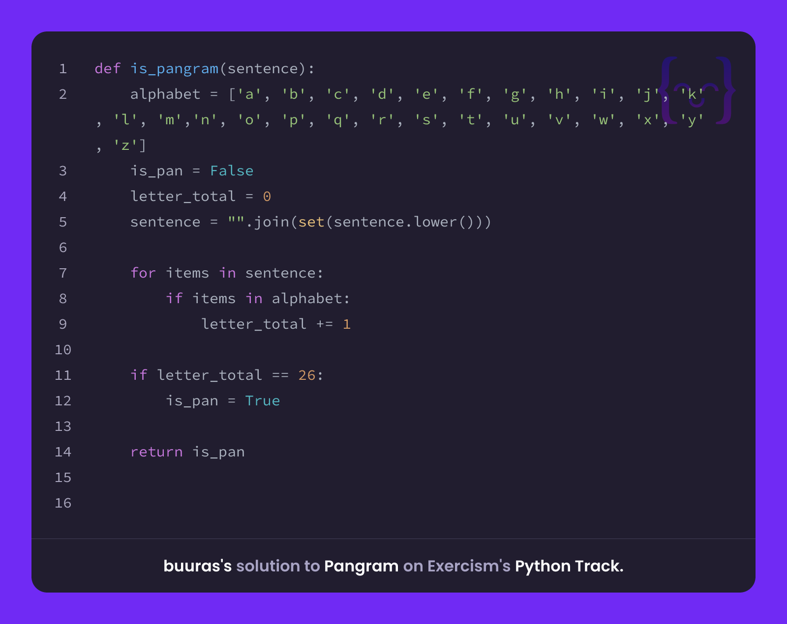 buuras's solution for Pangram in Python on Exercism