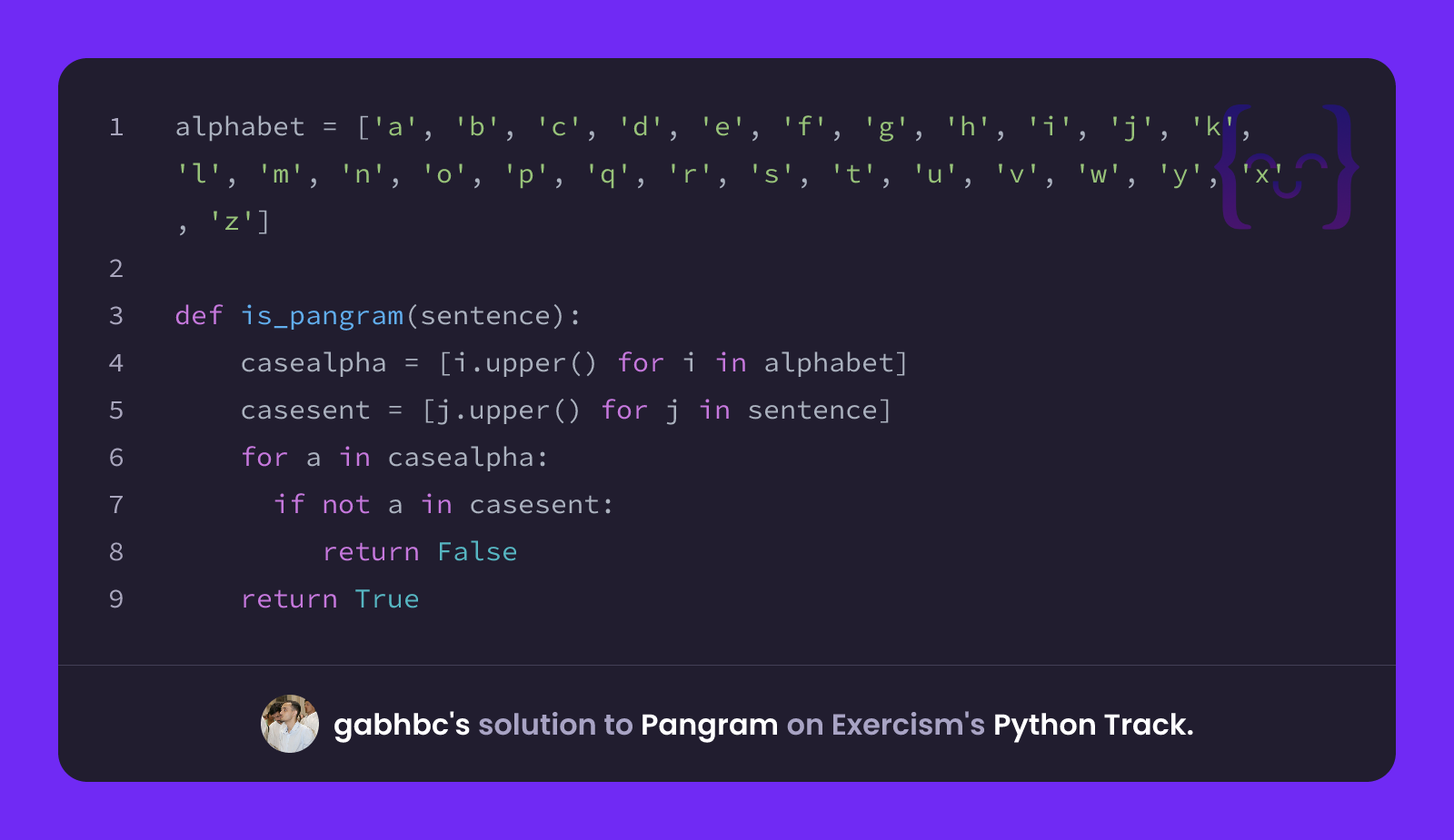 gabhbc's solution for Pangram in Python on Exercism