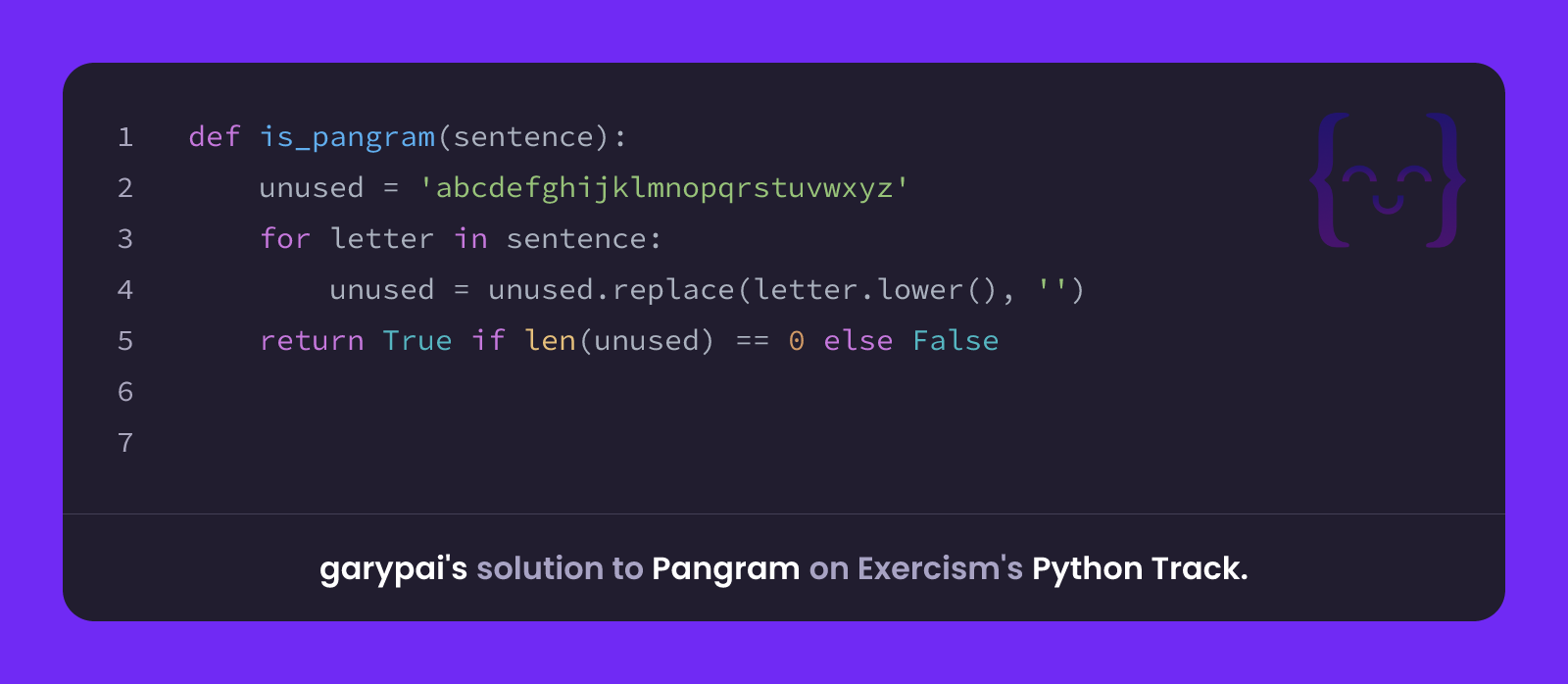 garypai's solution for Pangram in Python on Exercism