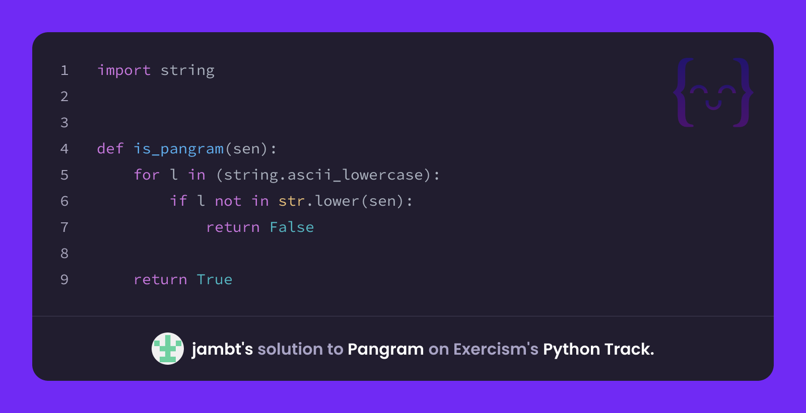 jambt's solution for Pangram in Python on Exercism