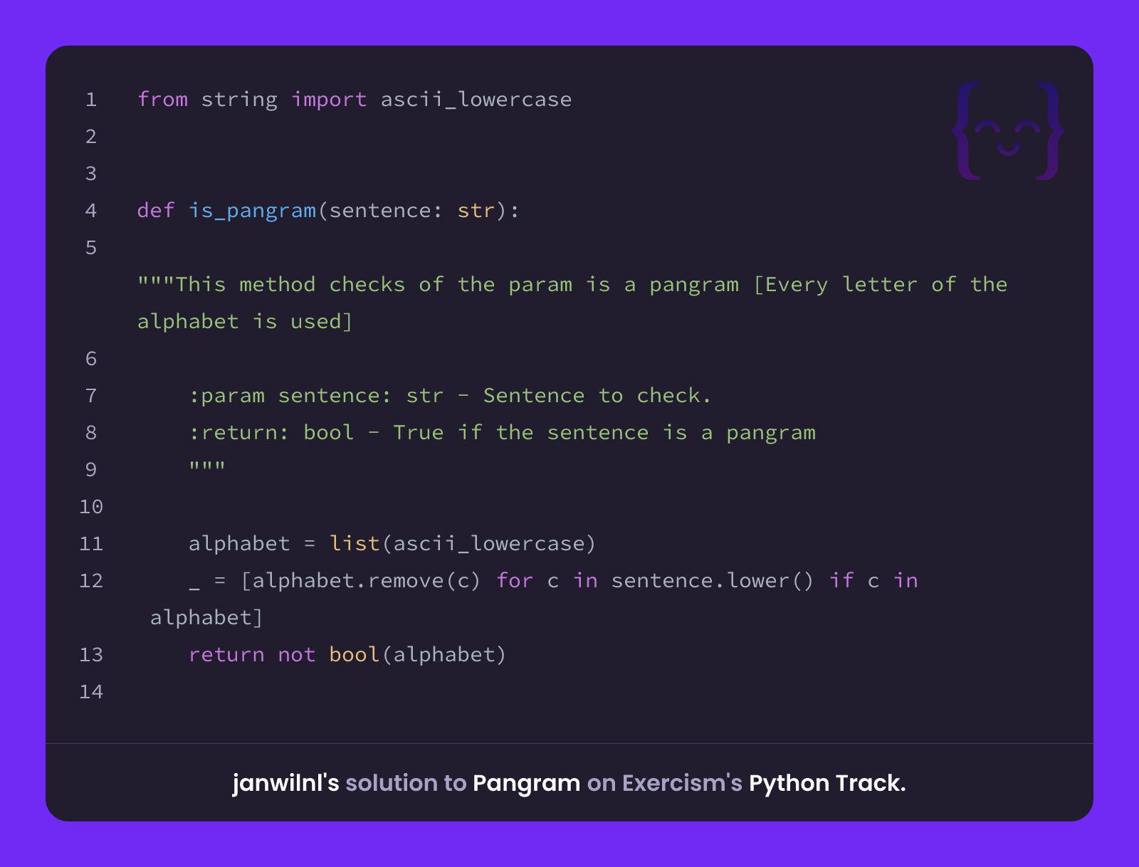 janwilnl's solution for Pangram in Python on Exercism