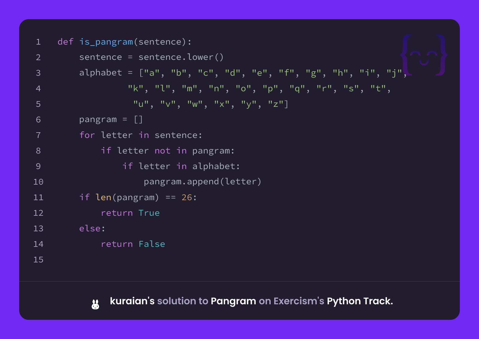 kuraian's solution for Pangram in Python on Exercism
