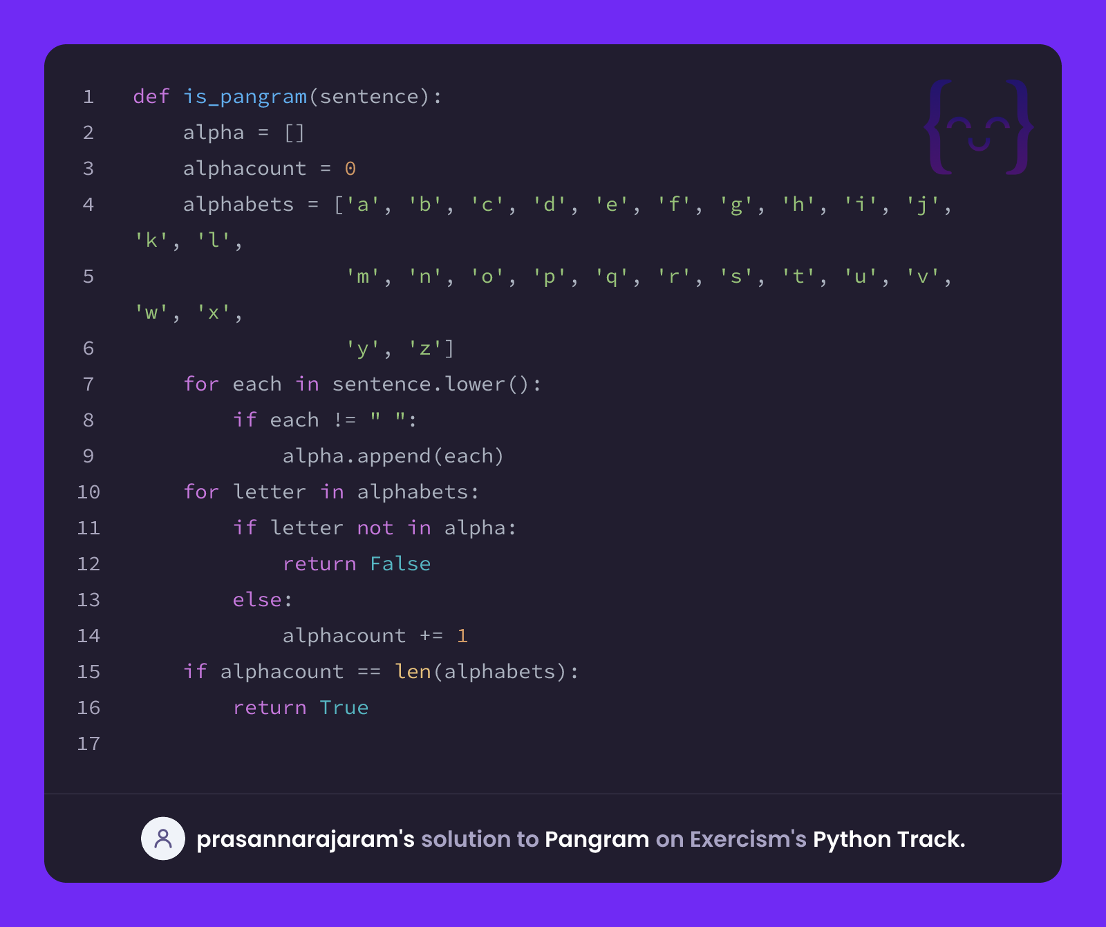 Pagram Math prasannarajaram's solution for Pangram in Python on Exercism
