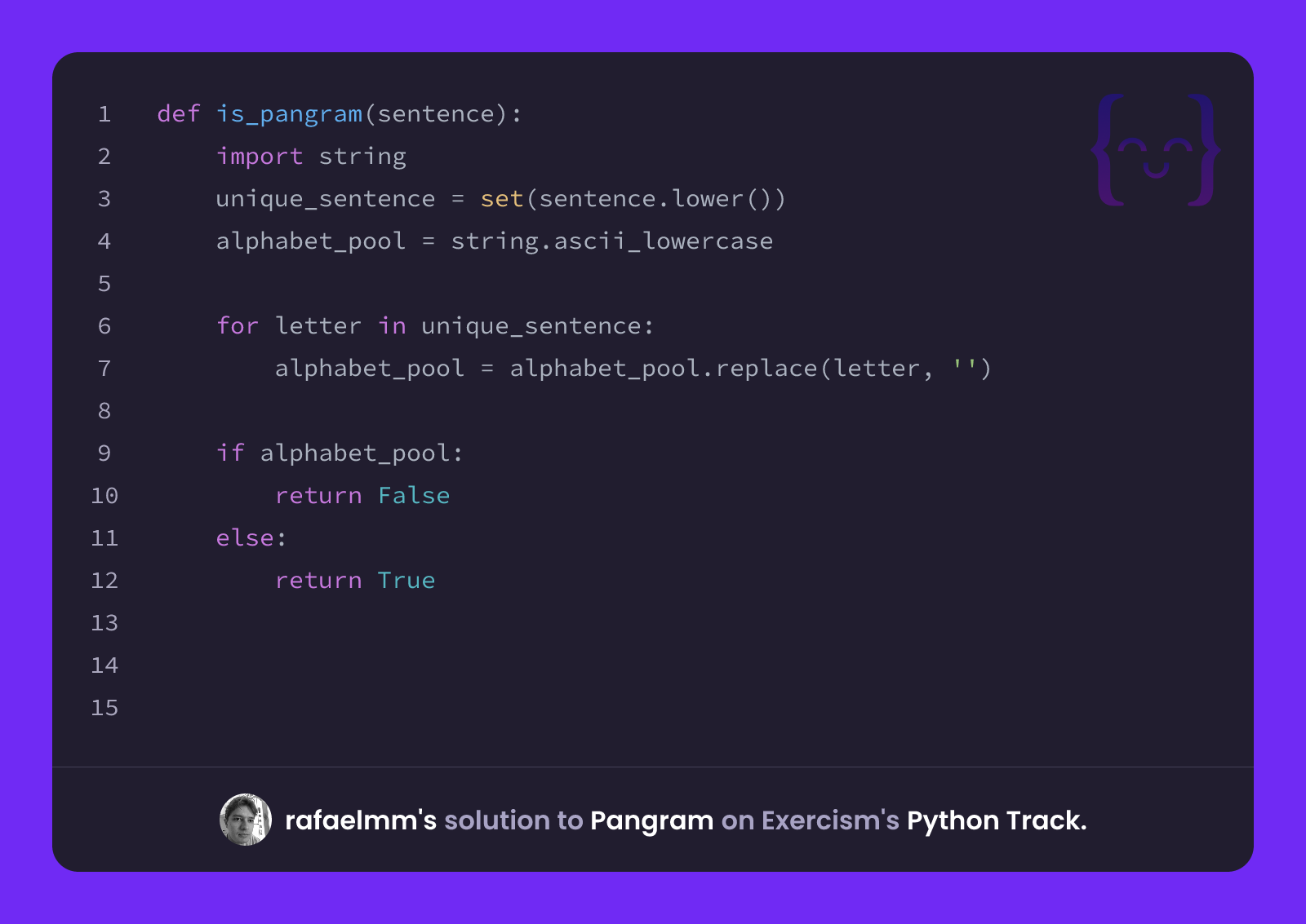 rafaelmm's solution for Pangram in Python on Exercism