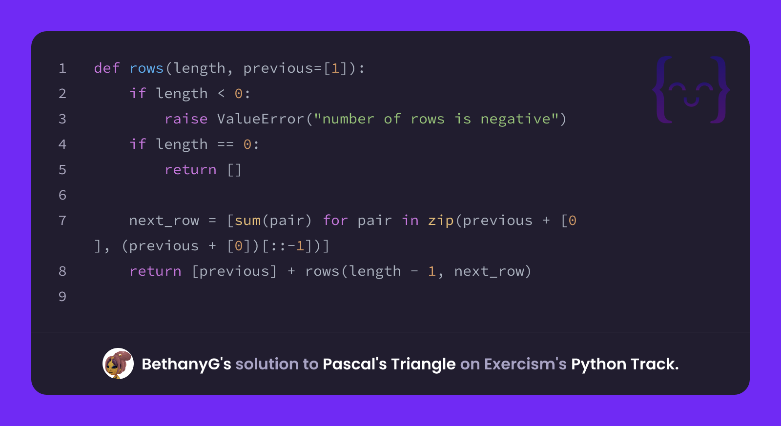 BethanyG's solution for Pascal's Triangle in Python on Exercism