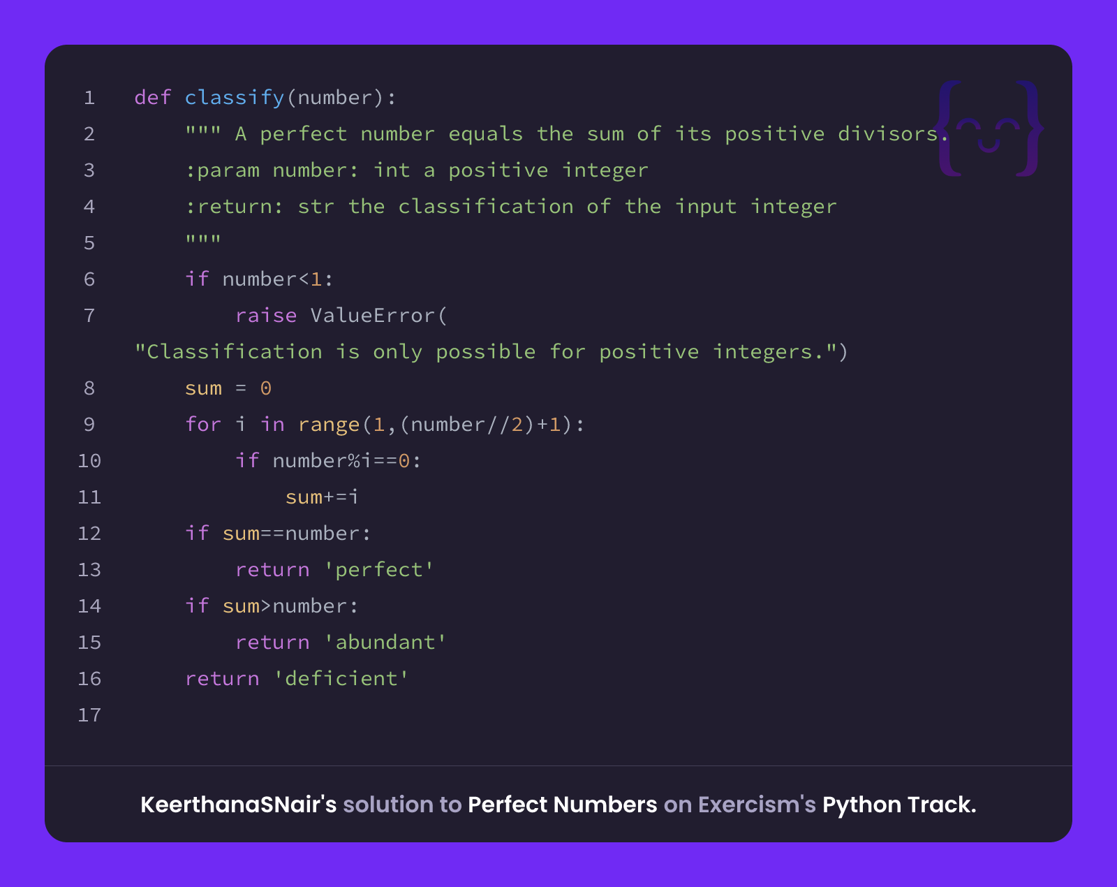 KeerthanaSNair's solution for Perfect Numbers in Python on Exercism