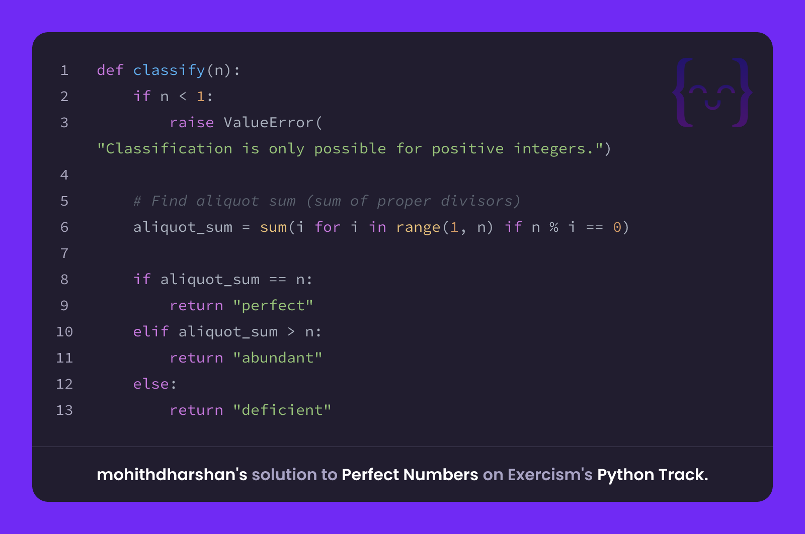 mohithdharshan's solution for Perfect Numbers in Python on Exercism