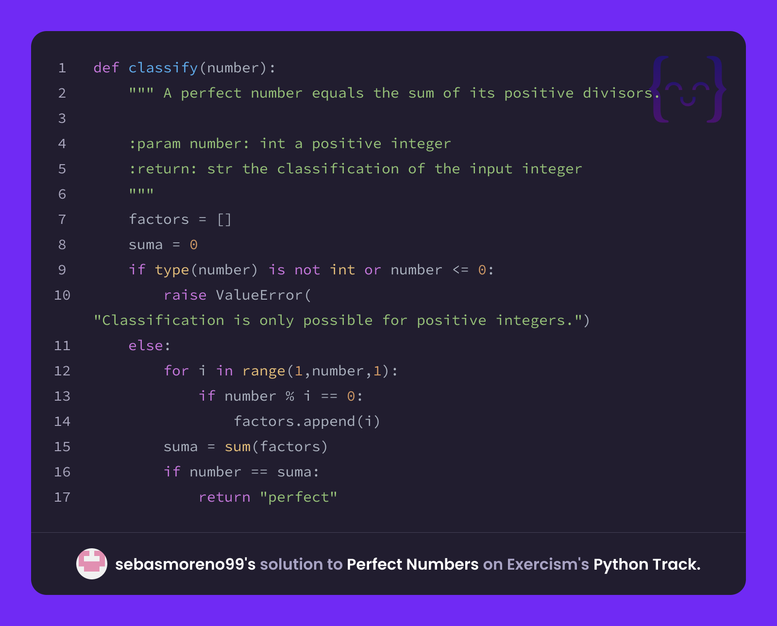sebasmoreno99's solution for Perfect Numbers in Python on Exercism