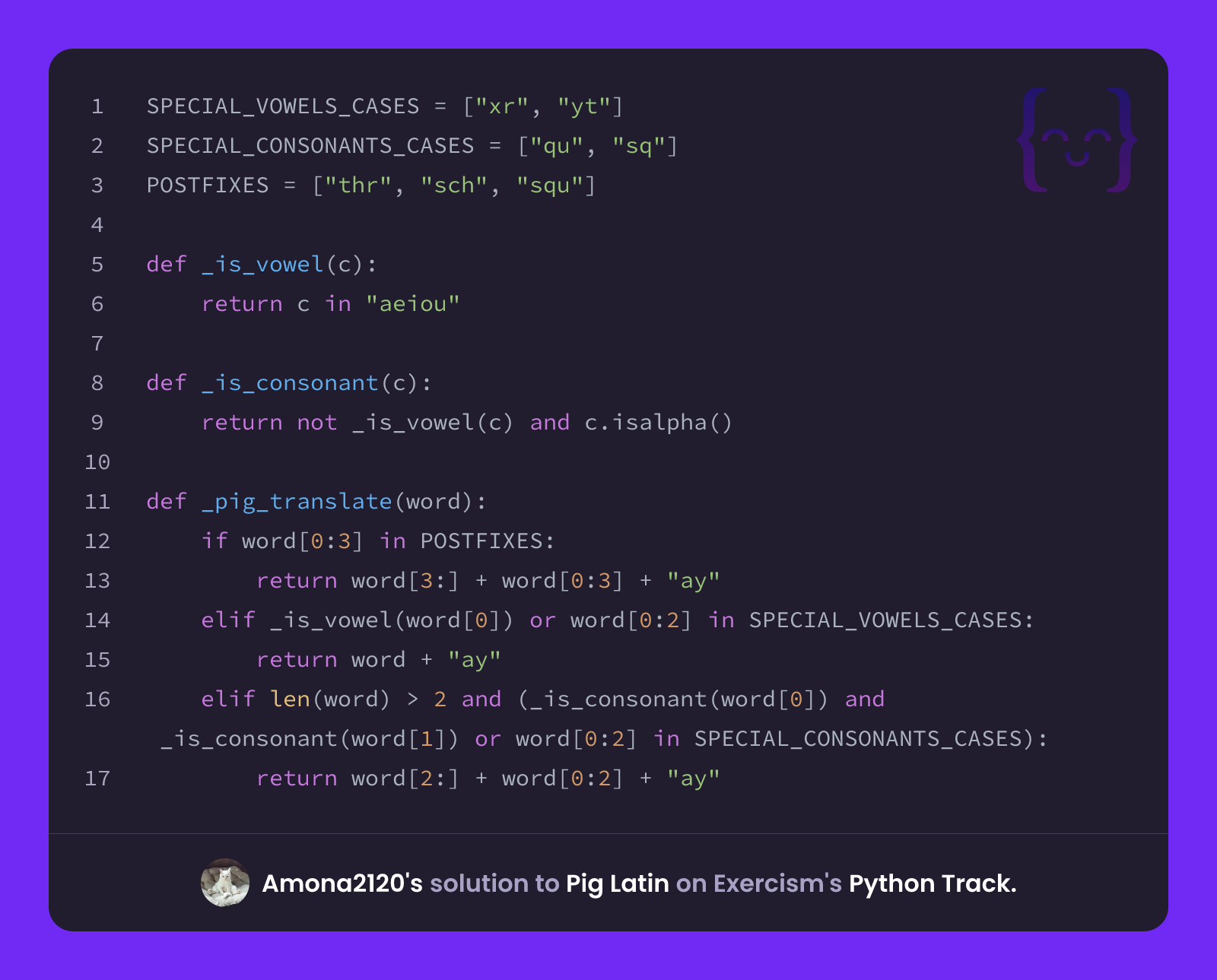 Amona2120's solution for Pig Latin in Python on Exercism