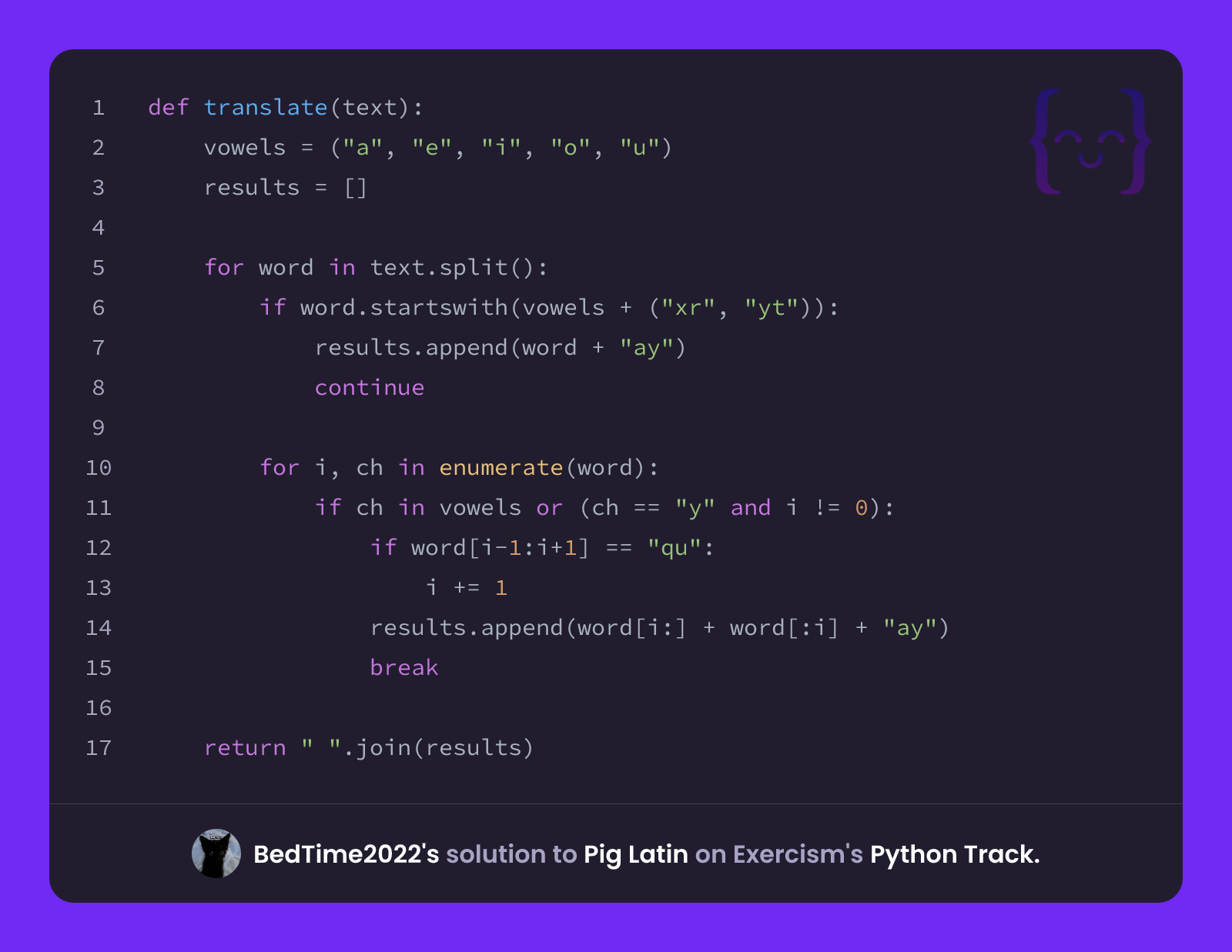 BedTime2022's solution for Pig Latin in Python on Exercism