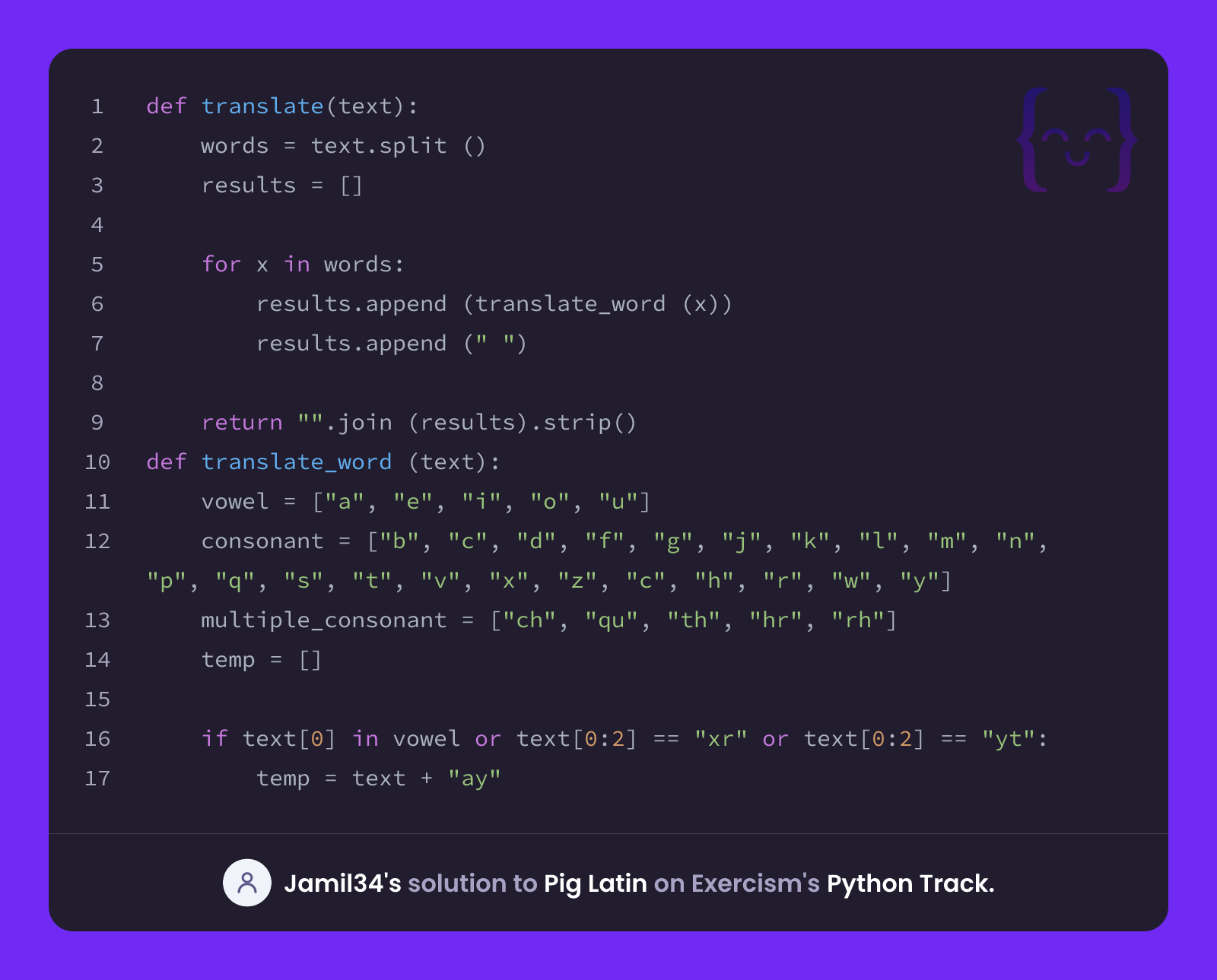 Jamil34's solution for Pig Latin in Python on Exercism