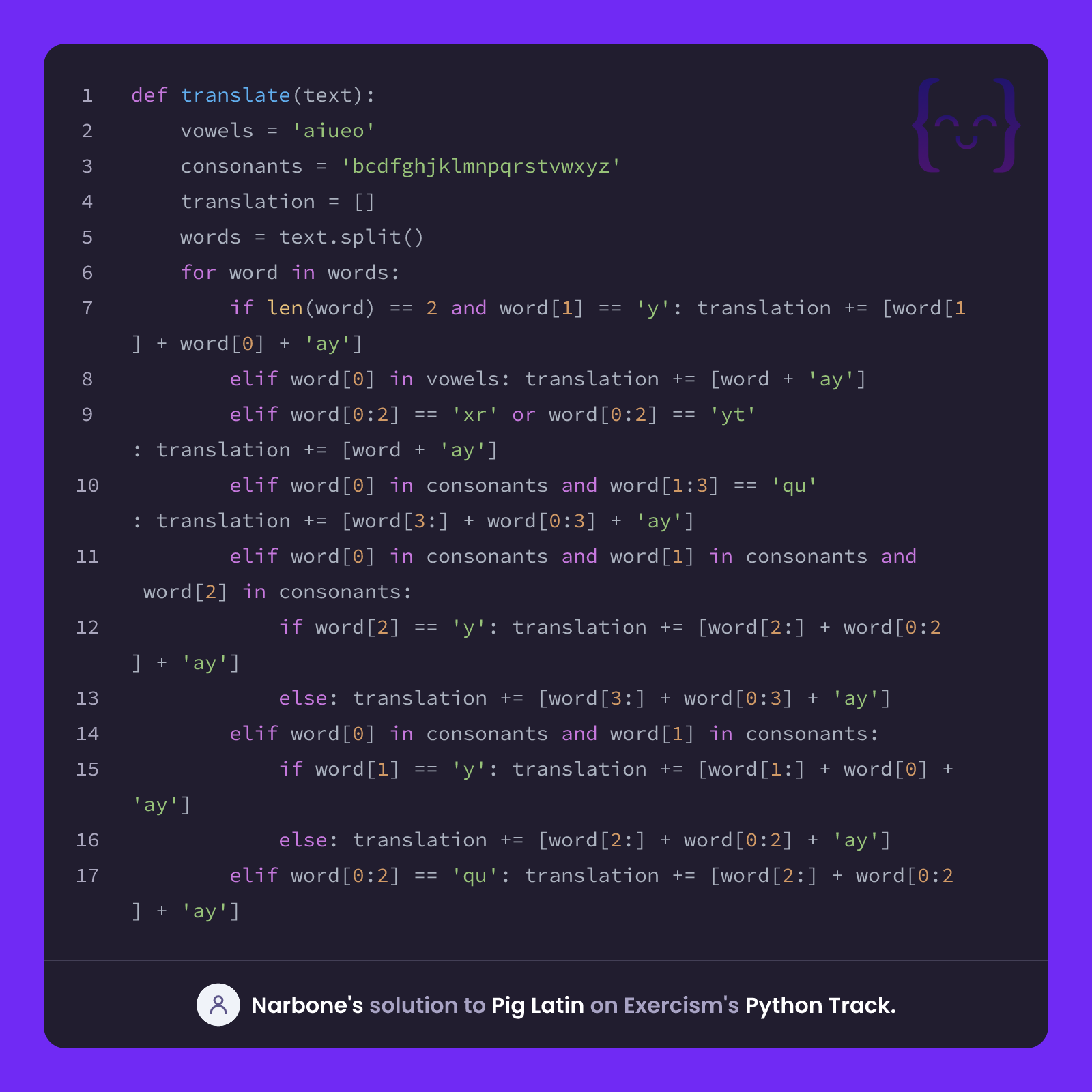 Narbone's solution for Pig Latin in Python on Exercism