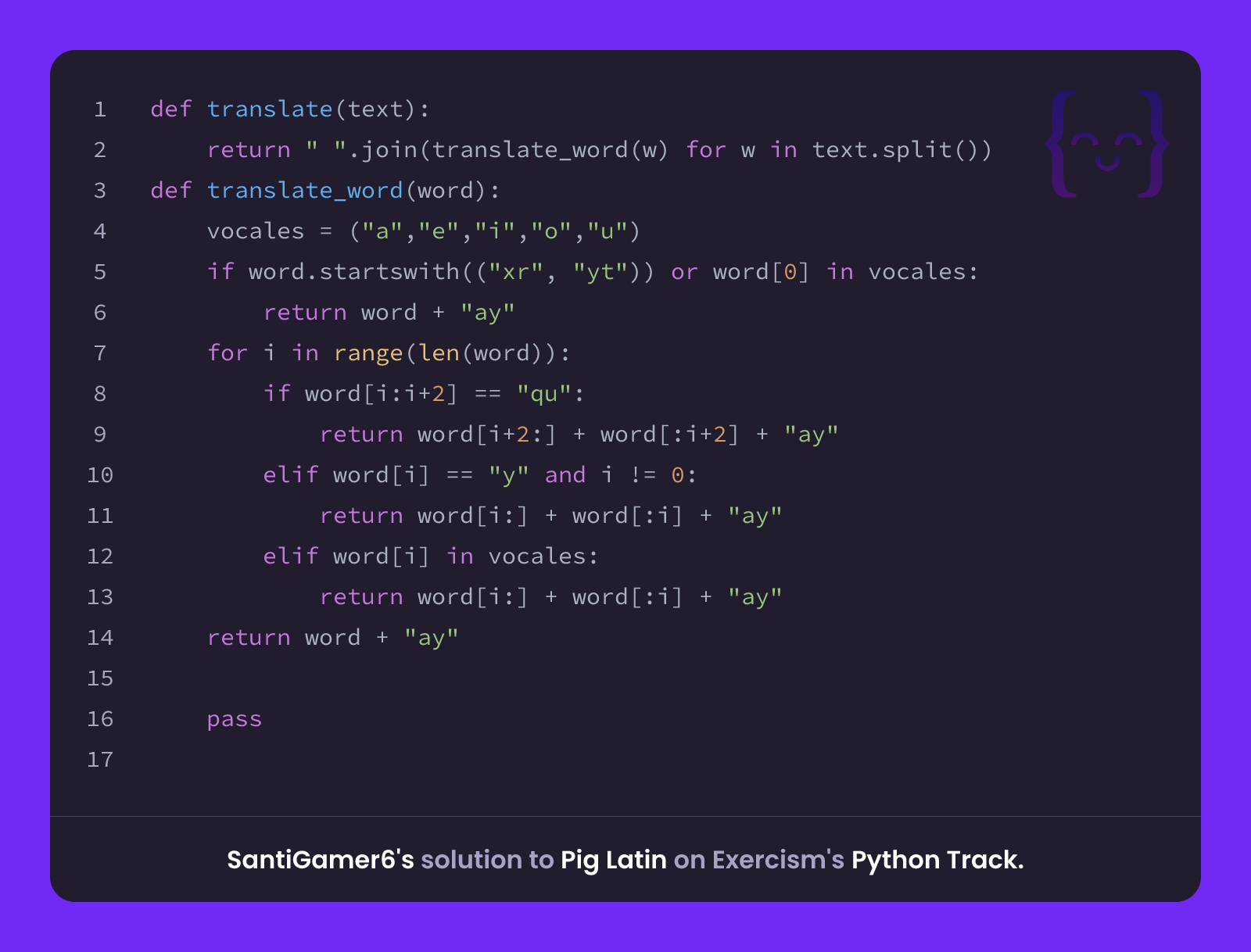 SantiGamer6's solution for Pig Latin in Python on Exercism