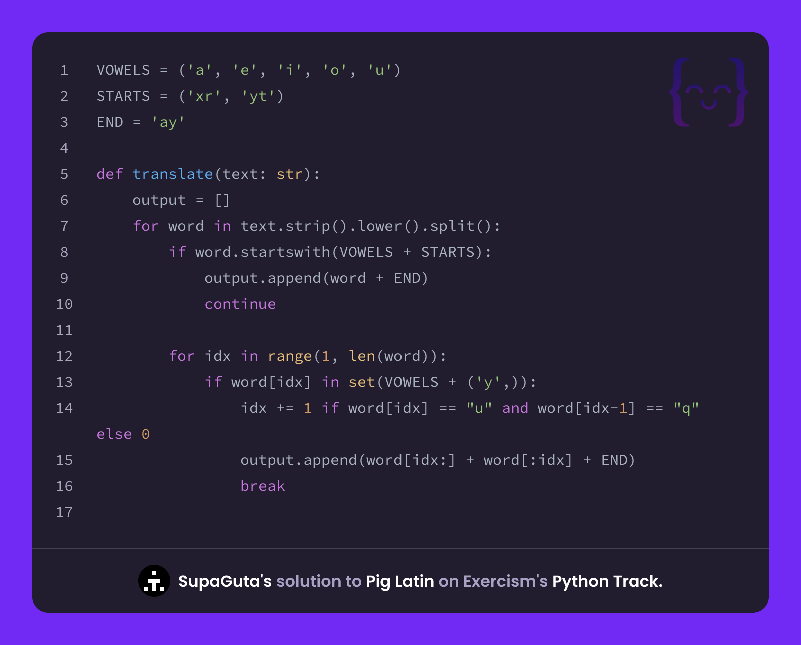 SupaGuta's solution for Pig Latin in Python on Exercism