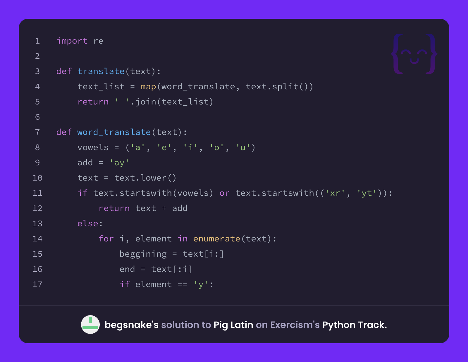 Snake Python Pig begsnake's solution for Pig Latin in Python on Exercism